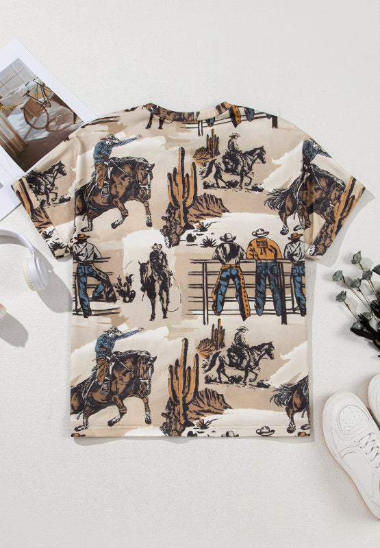 Cowboy Print Round Neck Short Sleeve T Shirt-TOPS / DRESSES-[Adult]-[Female]-2022 Online Blue Zone Planet