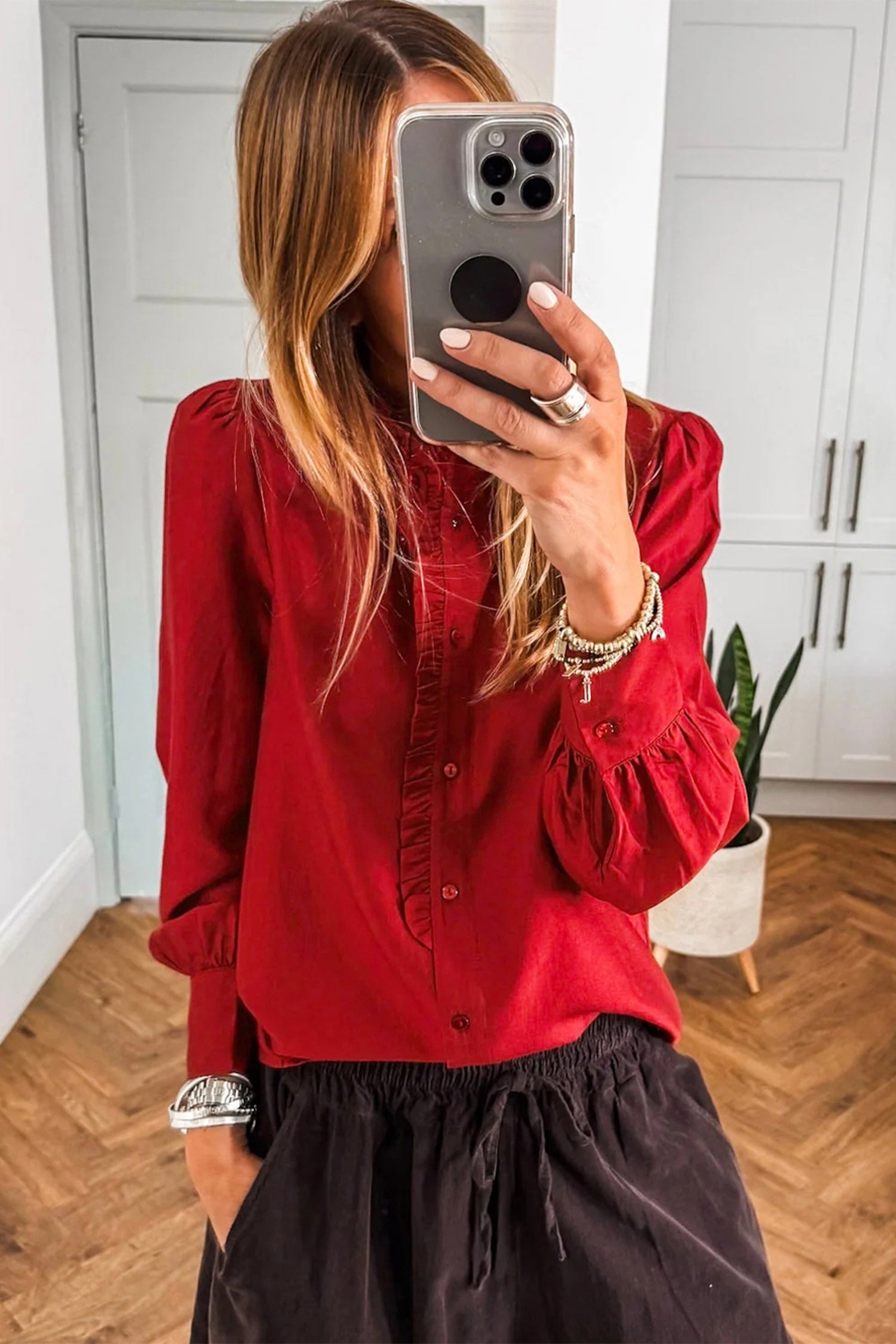 Fiery Red Frilled Trim Button Up Pleated Long Sleeve Shirt-Tops/Blouses & Shirts-[Adult]-[Female]-2022 Online Blue Zone Planet