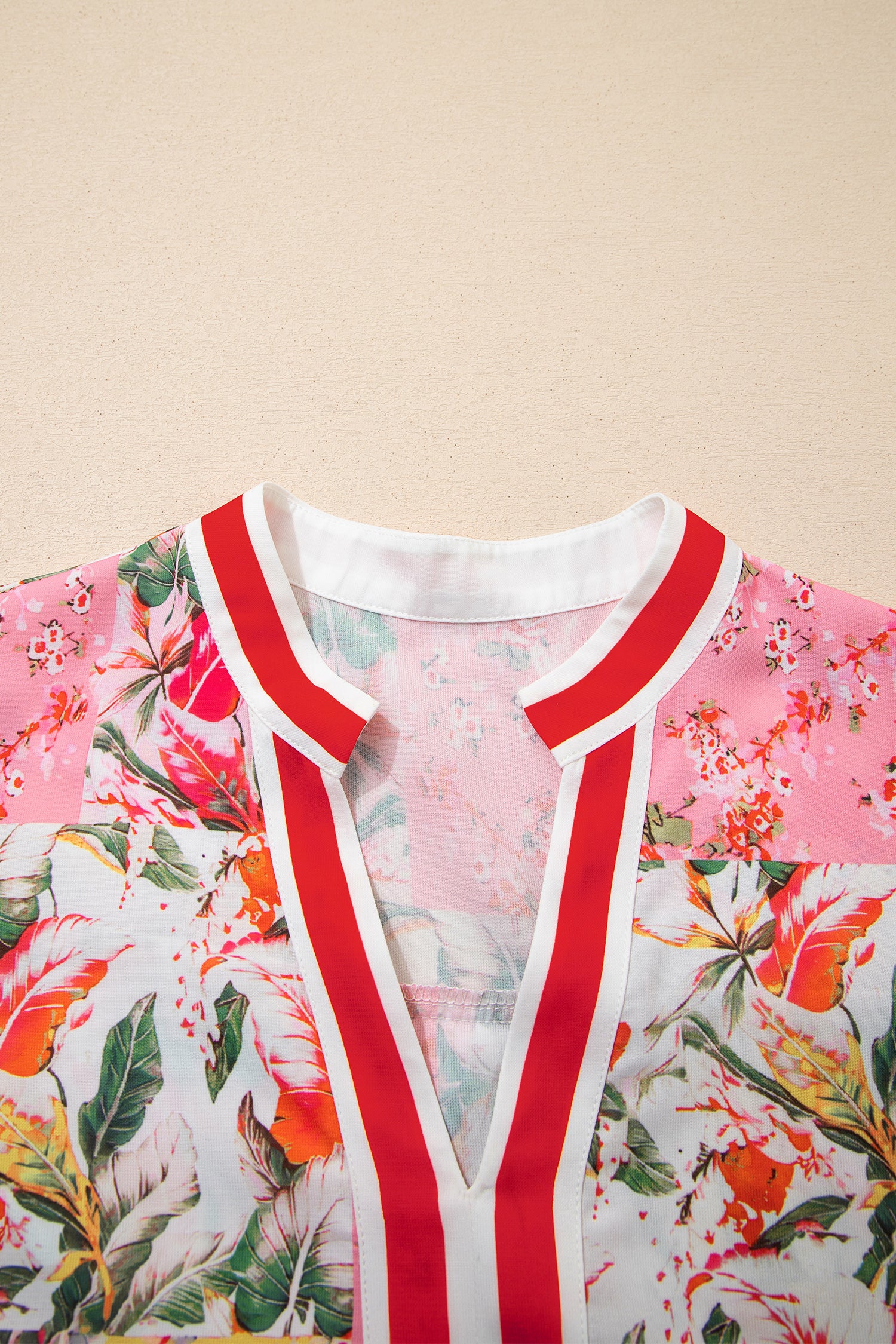 Pink Color Block Floral Print Contrast Trim V Neck Ruffle Hem Mini Dress-TOPS / DRESSES-[Adult]-[Female]-2022 Online Blue Zone Planet