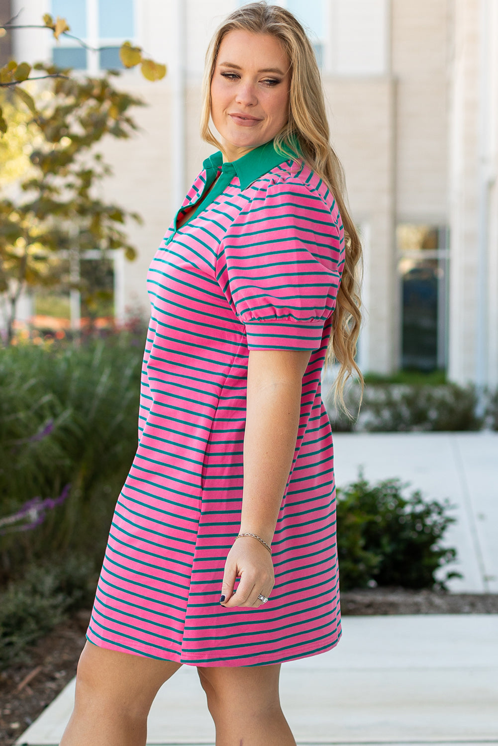 Rose Stripe Collared V Neck Puff Sleeve Shift T Shirt Dress With Pockets-TOPS / DRESSES-[Adult]-[Female]-2022 Online Blue Zone Planet