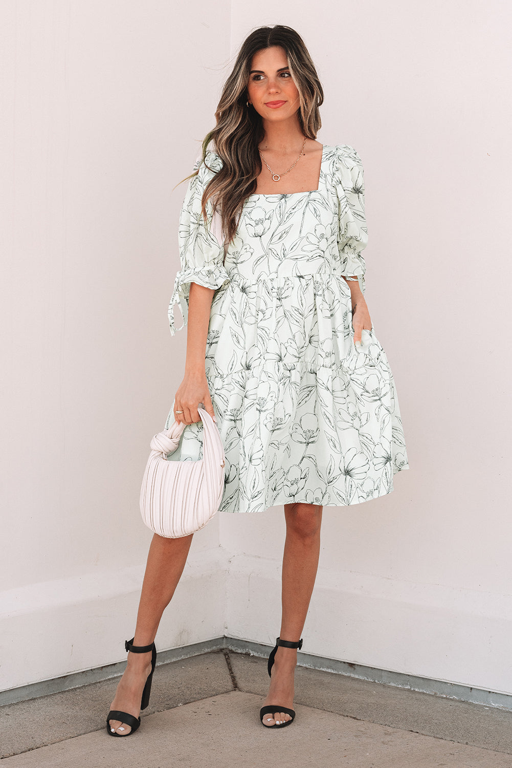 Beige Floral Print Square Neck Shirred Back Puff Sleeve Mini Dress-TOPS / DRESSES-[Adult]-[Female]-2022 Online Blue Zone Planet