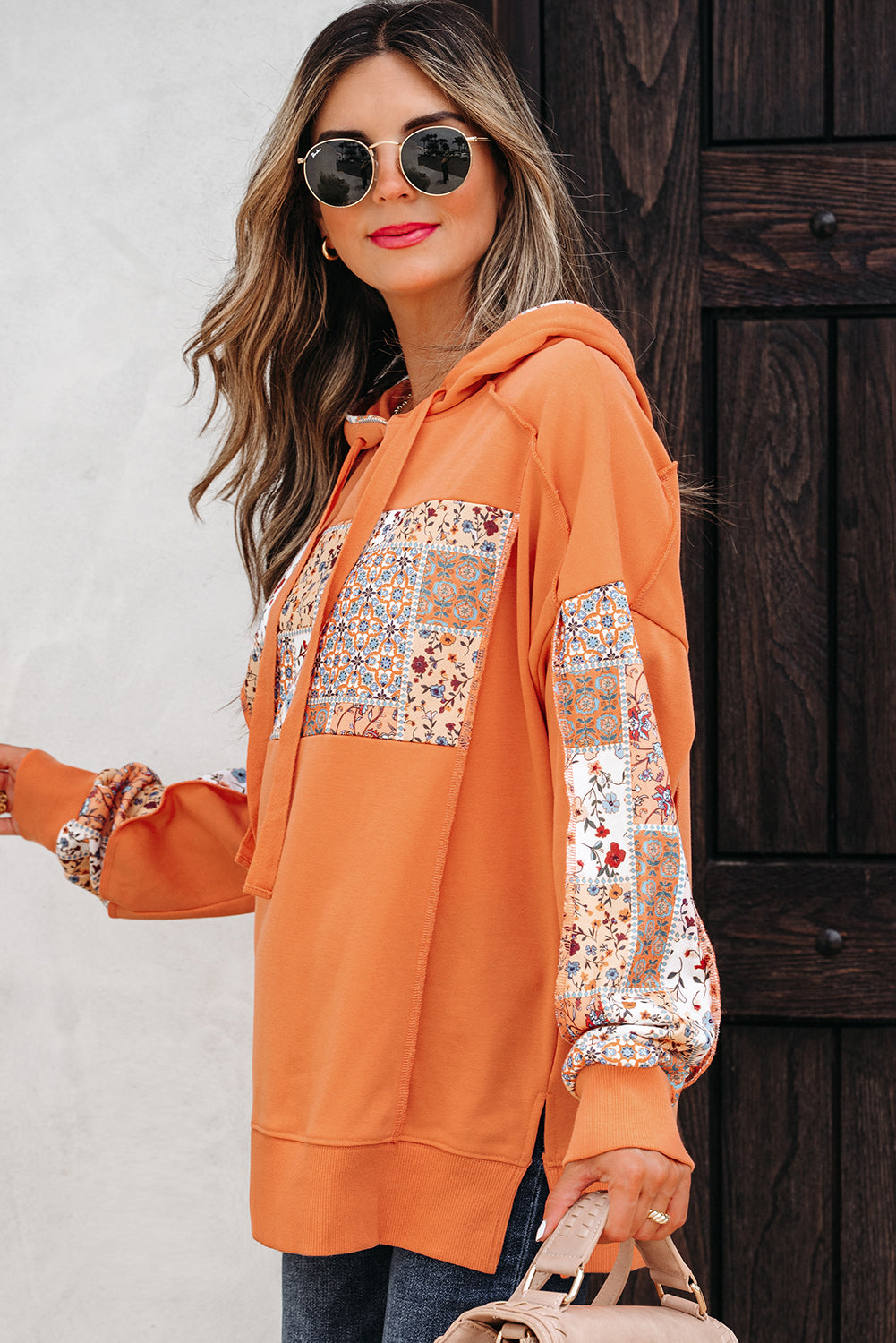 Flamingo Mix Floral Patchwork Side Slit Drawstring Hoodie-Tops / Dresses-[Adult]-[Female]-2022 Online Blue Zone Planet