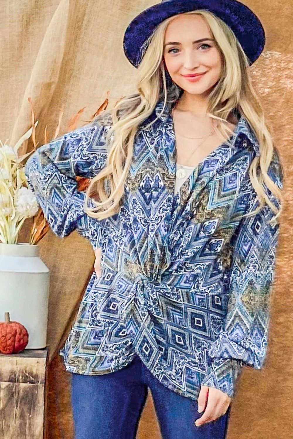 And The Why Print Twist Knot Long Sleeve Blouse-TOPS / DRESSES-[Adult]-[Female]-2022 Online Blue Zone Planet