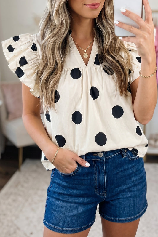 Apricot Casual Polka Dot V-Neck Ruffle Short Sleeve Shift Blouse-Tops/Blouses & Shirts-[Adult]-[Female]-2022 Online Blue Zone Planet