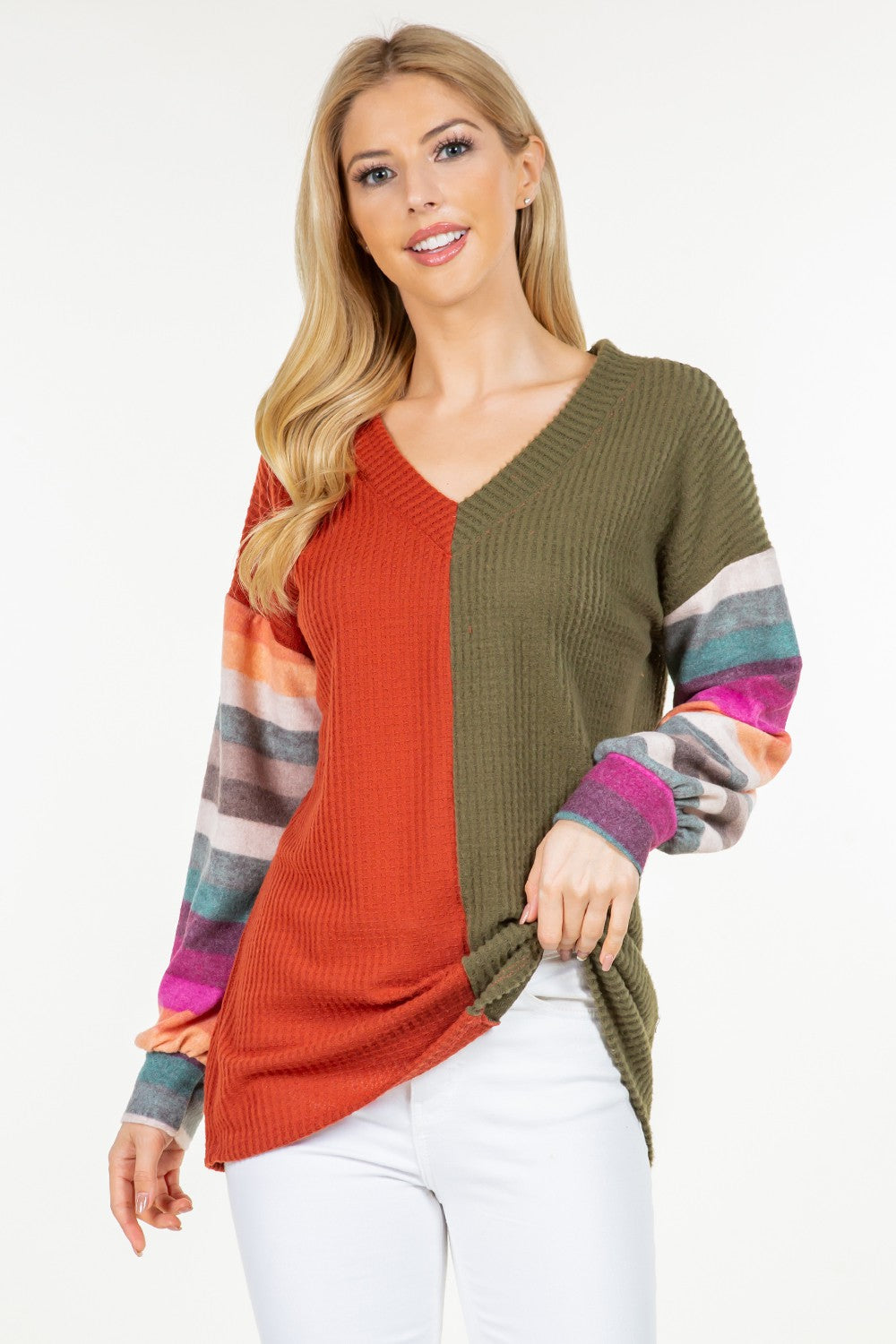 Celeste Full Size Contrast Striped V-Neck Long Sleeve Blouse-TOPS / DRESSES-[Adult]-[Female]-Rust-S-2022 Online Blue Zone Planet