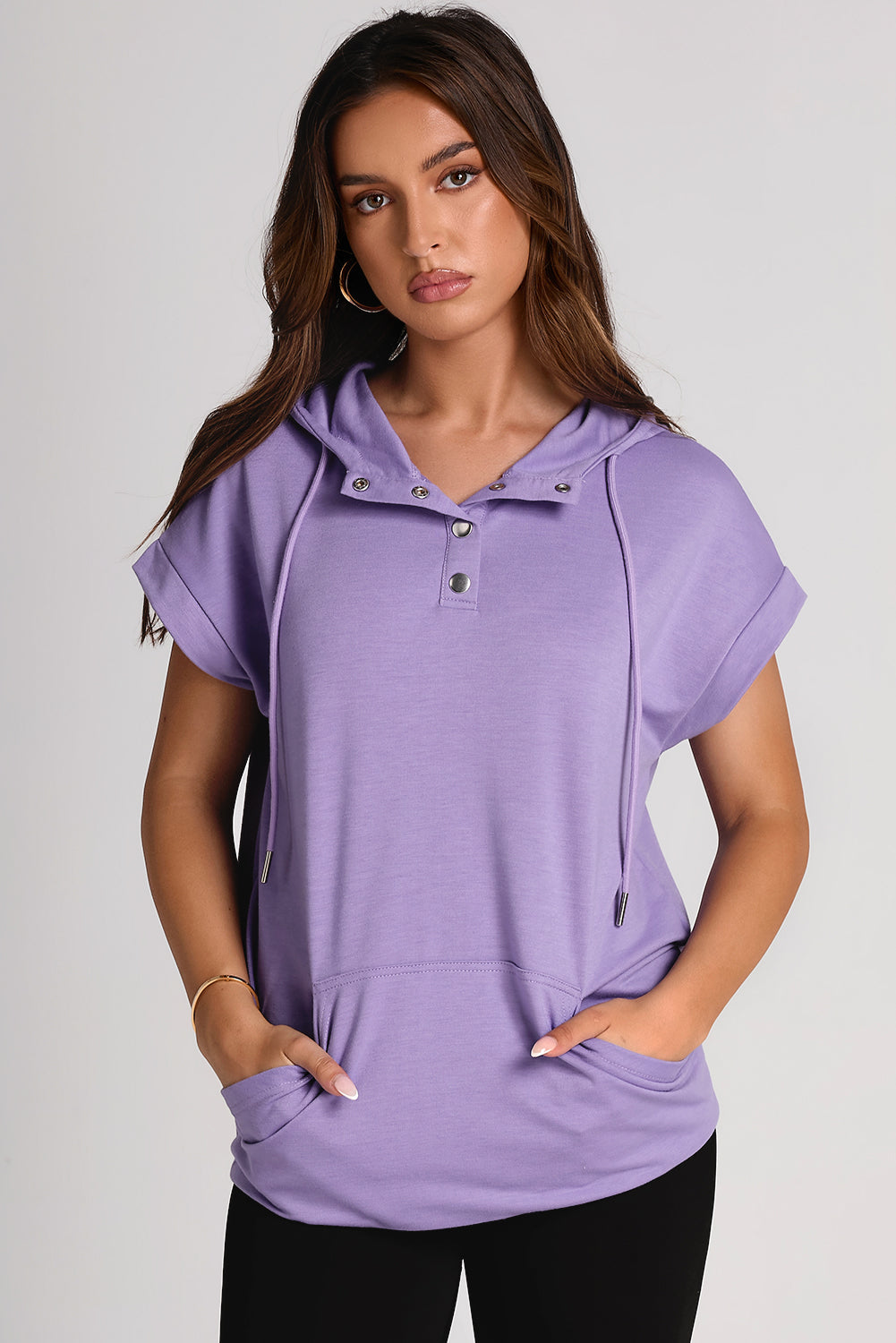 Drawstring Quarter Snap Cap Sleeve Hoodie-TOPS / DRESSES-[Adult]-[Female]-Lavender-S-2022 Online Blue Zone Planet