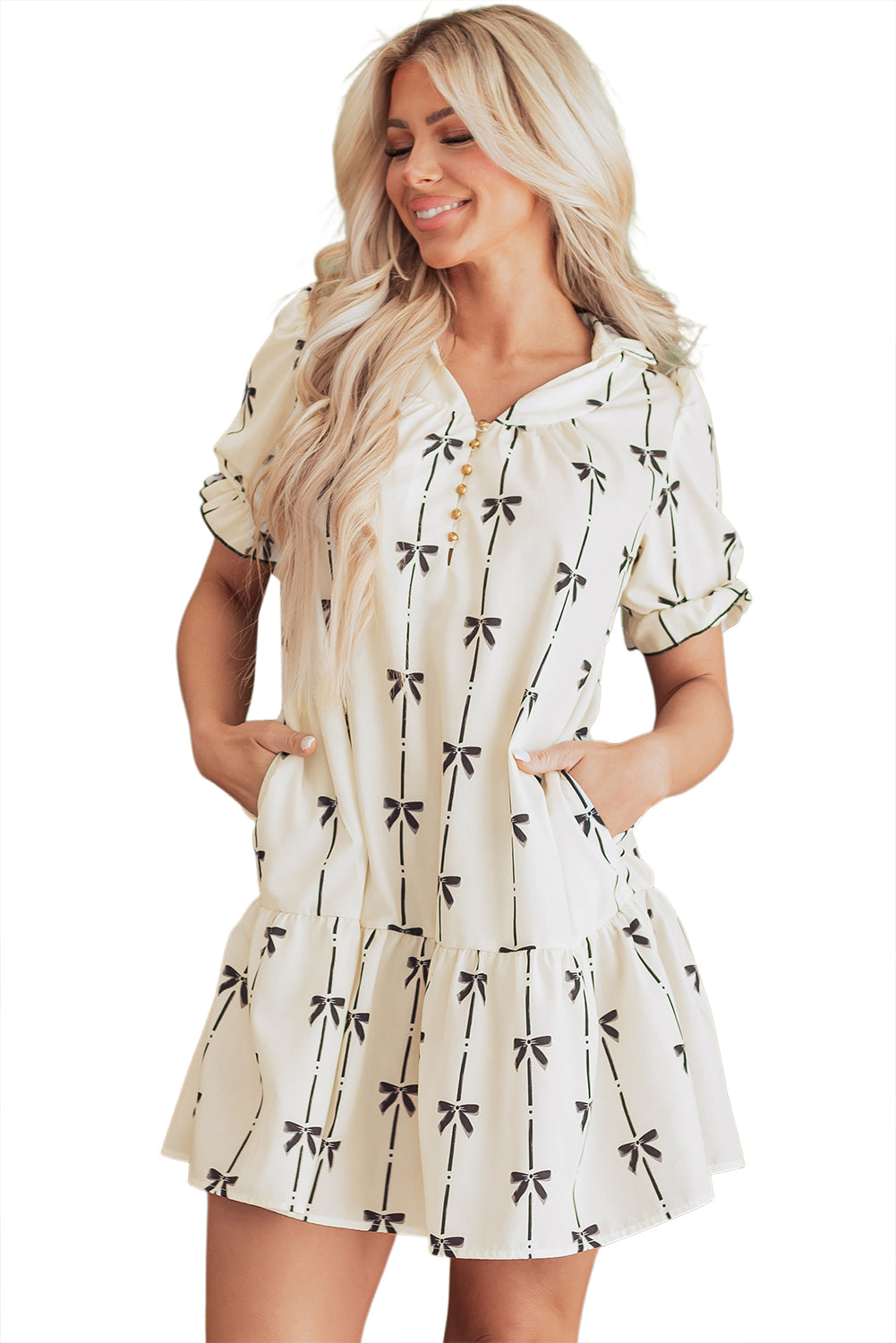 Blue Zone Planet | Beige Cute Bowknot Printed Bubble Sleeve V Neck Mini Dress-TOPS / DRESSES-[Adult]-[Female]-2022 Online Blue Zone Planet