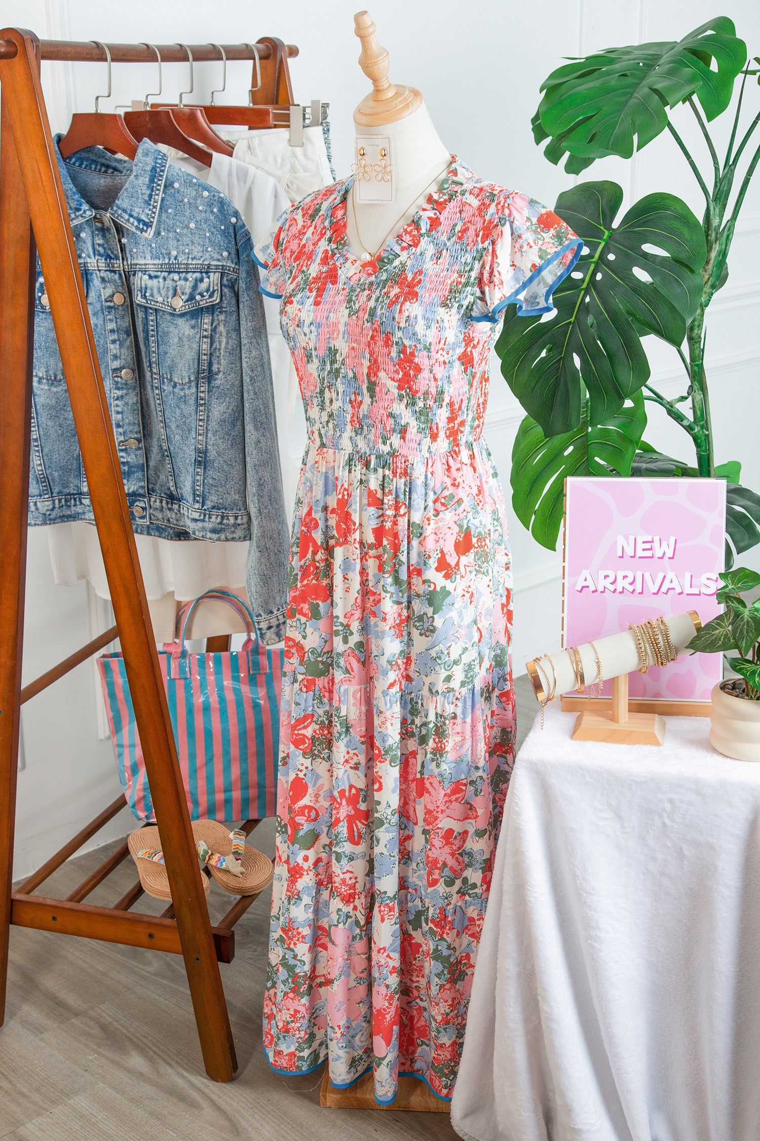 Apricot Floral Print V Neck Contrast Trim Flutter Sleeve Maxi Dress-TOPS / DRESSES-[Adult]-[Female]-2022 Online Blue Zone Planet
