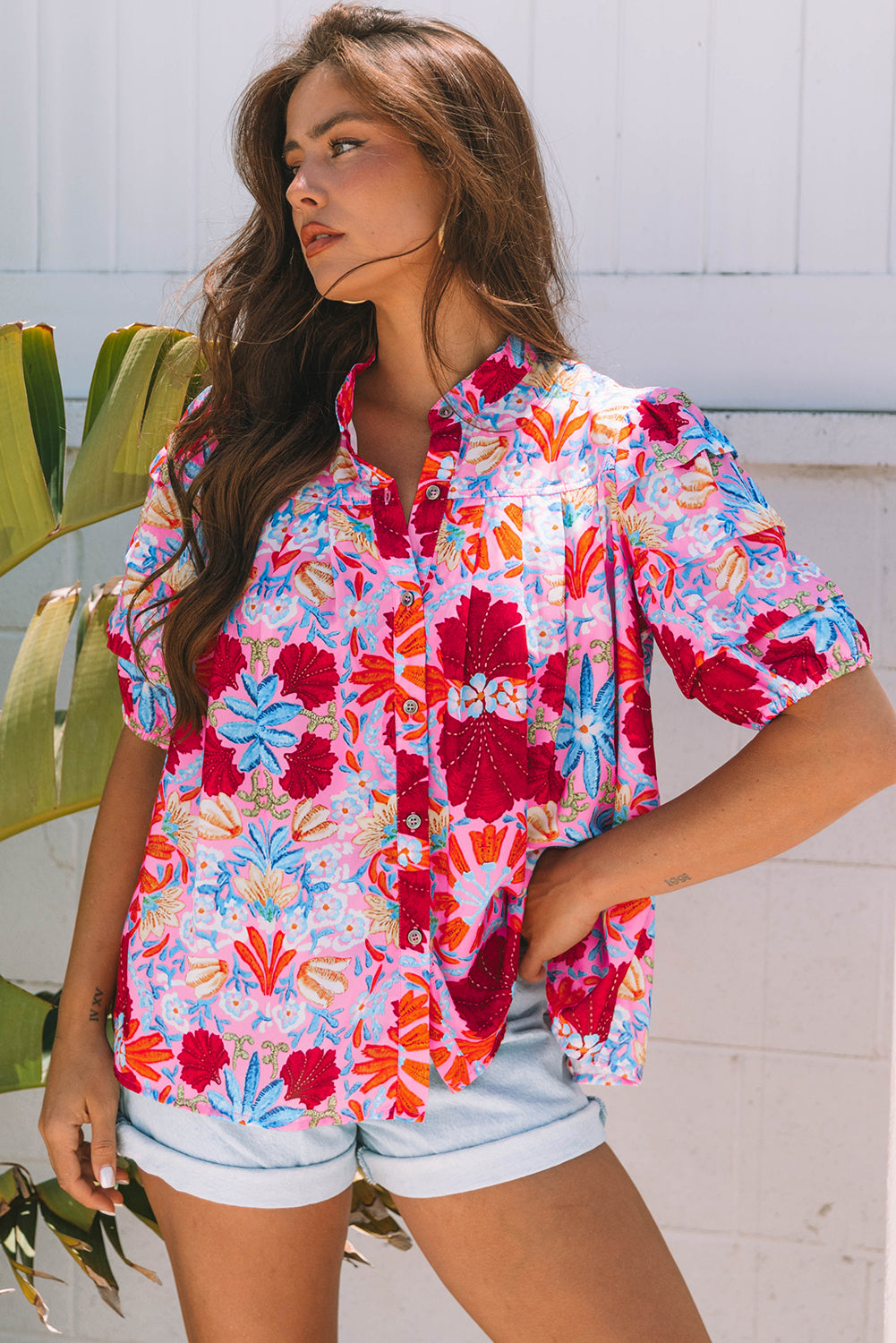 Pink Floral Print Bubble Sleeve Button Up Pleated Shirt-Tops/Blouses & Shirts-[Adult]-[Female]-2022 Online Blue Zone Planet
