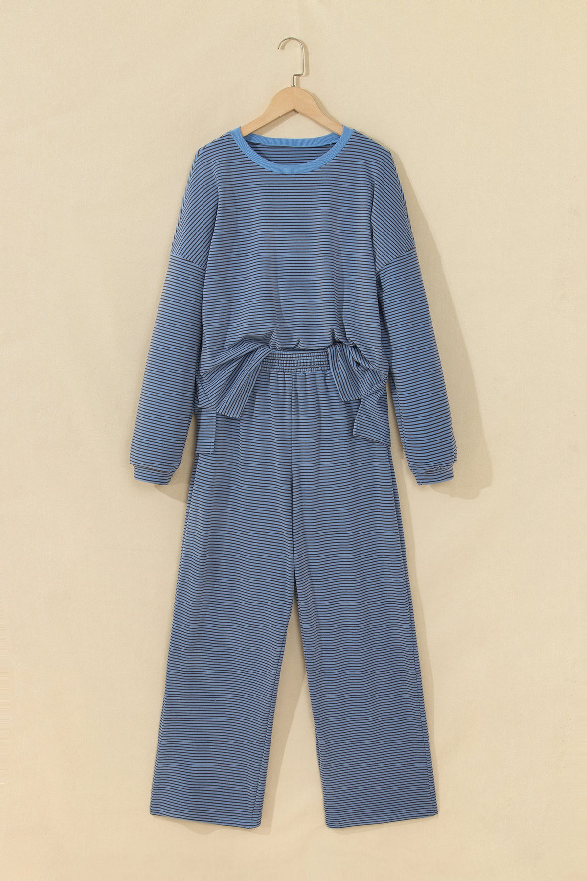 Beige Stripe Contrast Trim Round Neck Oversize Long Sleeve Top 2pcs Pant Set-Two Piece Sets/Pant Sets-[Adult]-[Female]-2022 Online Blue Zone Planet