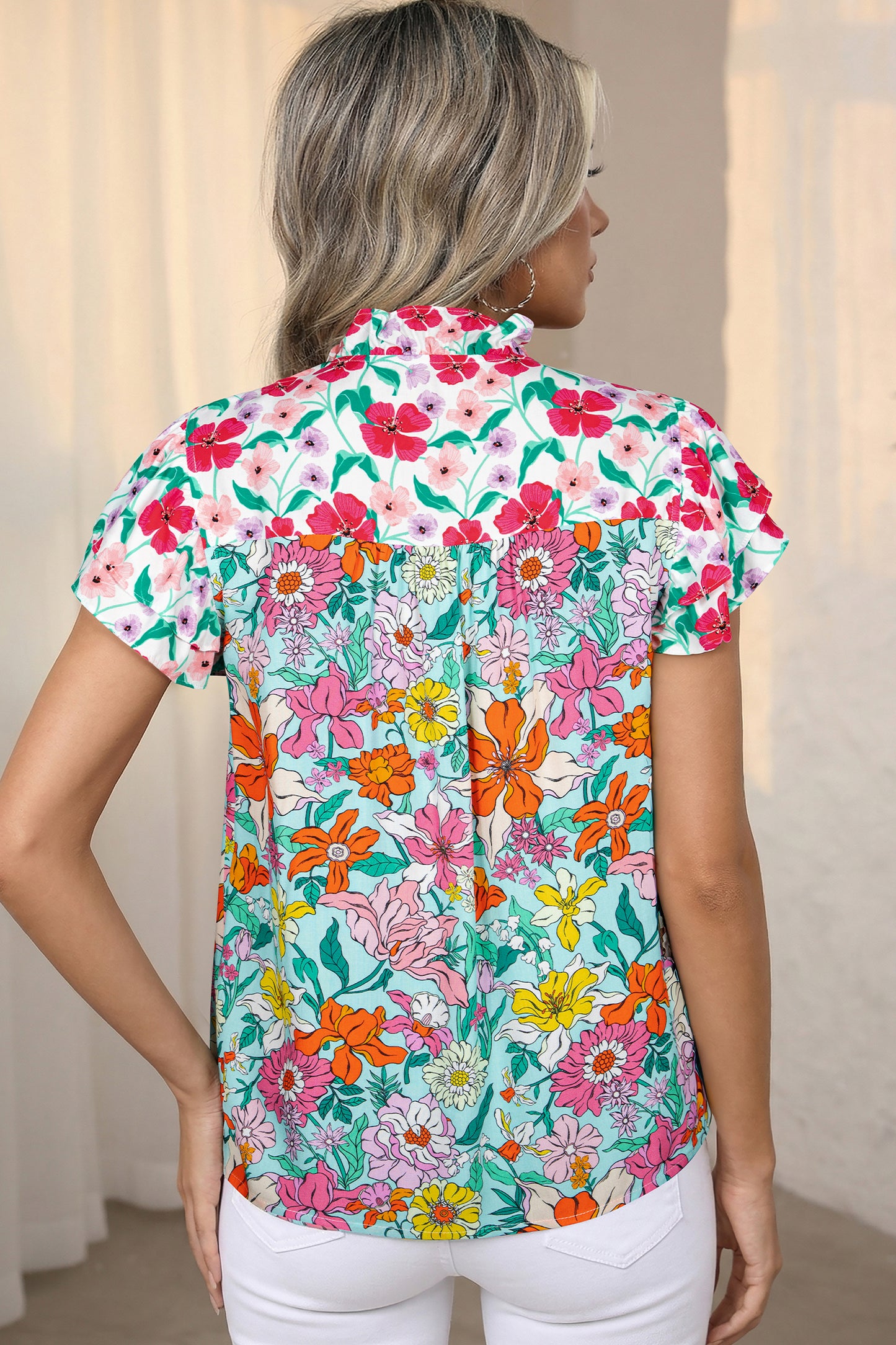 Sky Blue Floral Print Split Neck Button Front Flutter Sleeve Blouse
