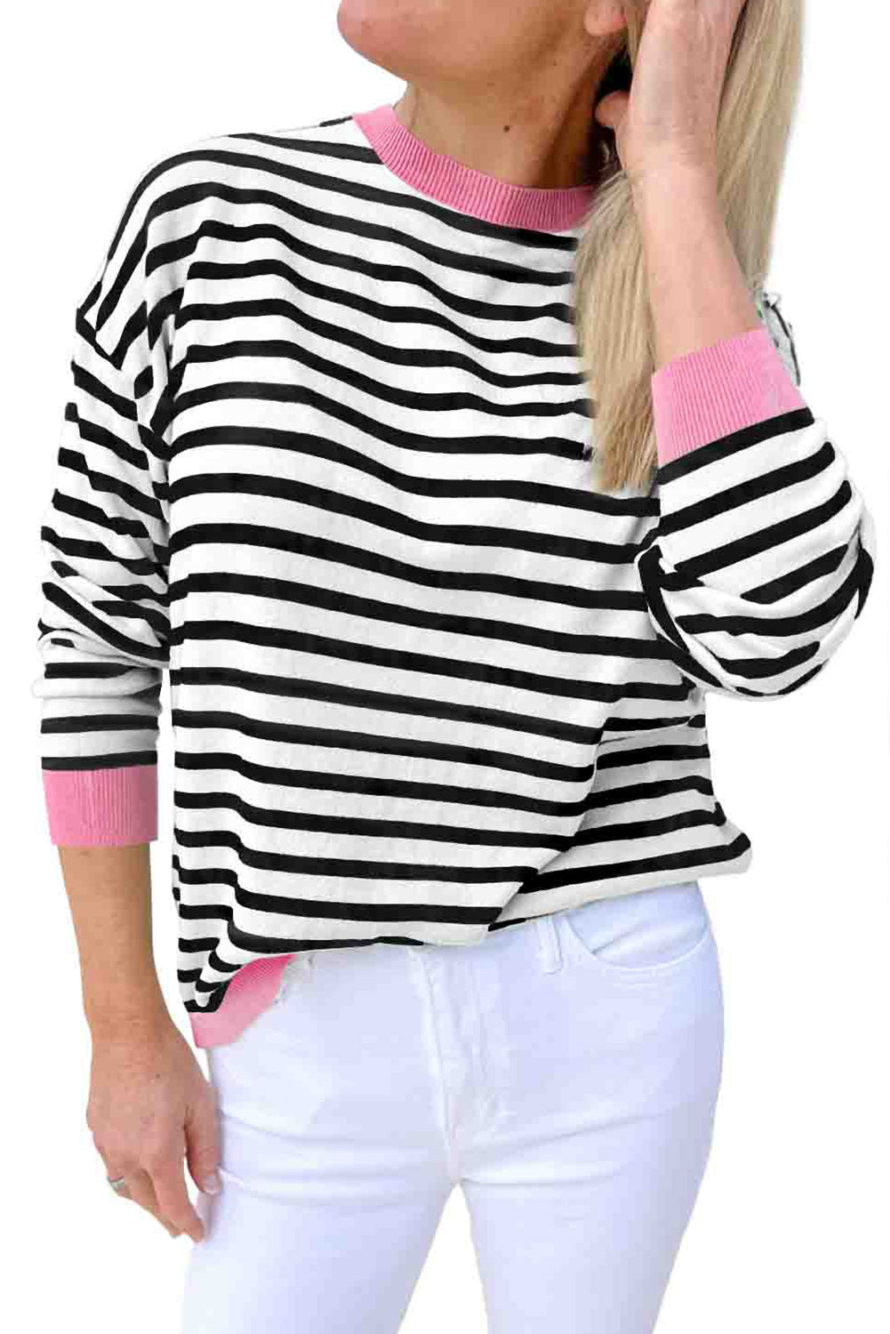 Bright Green Striped Contrast Trim Long Sleeve Top-Long Sleeve Tops-[Adult]-[Female]-2022 Online Blue Zone Planet