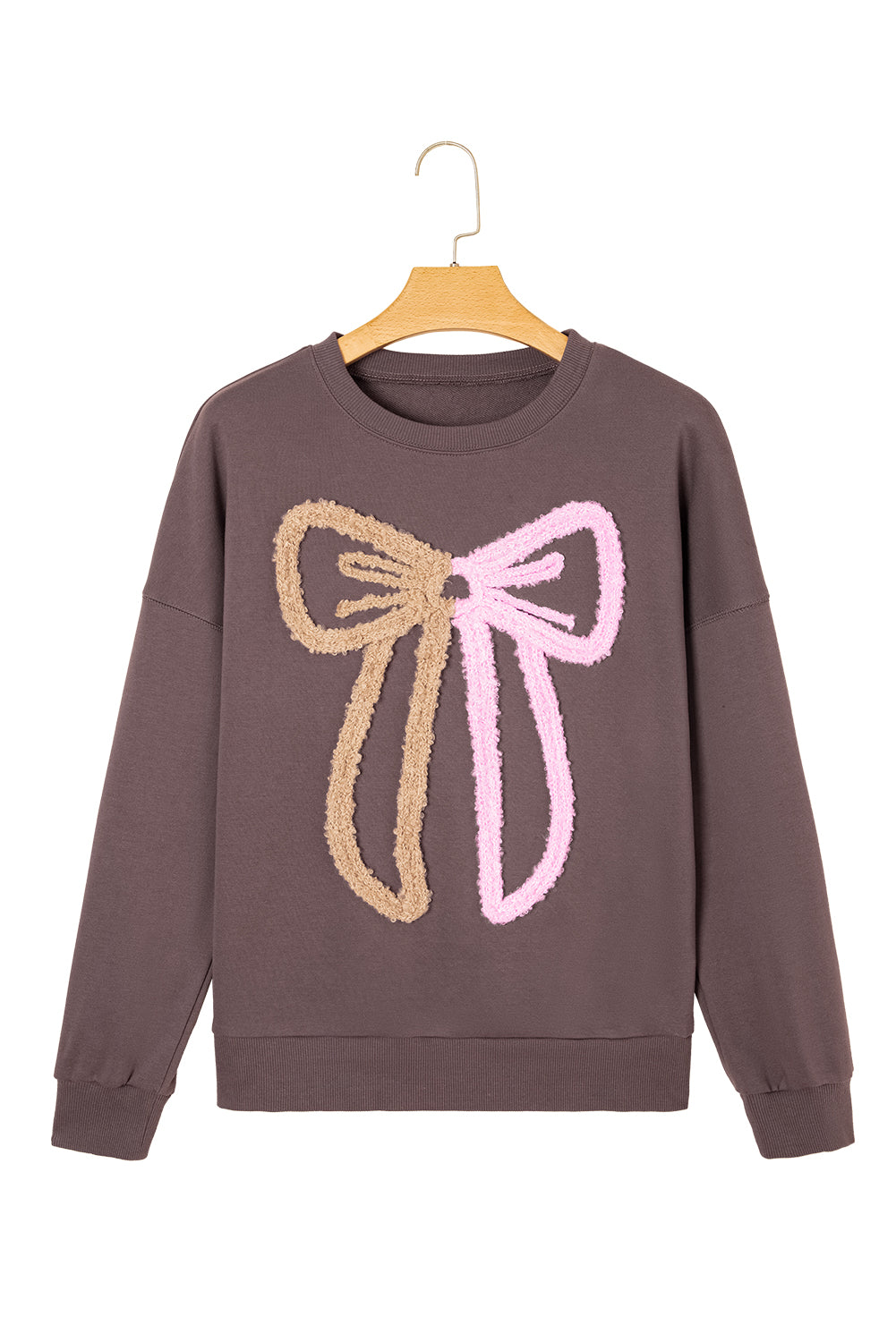 Dark Khaki Contrast Terry Bow Pattern Drop Shoulder Sweatshirt-Tops/Sweatshirts & Hoodies-[Adult]-[Female]-2022 Online Blue Zone Planet