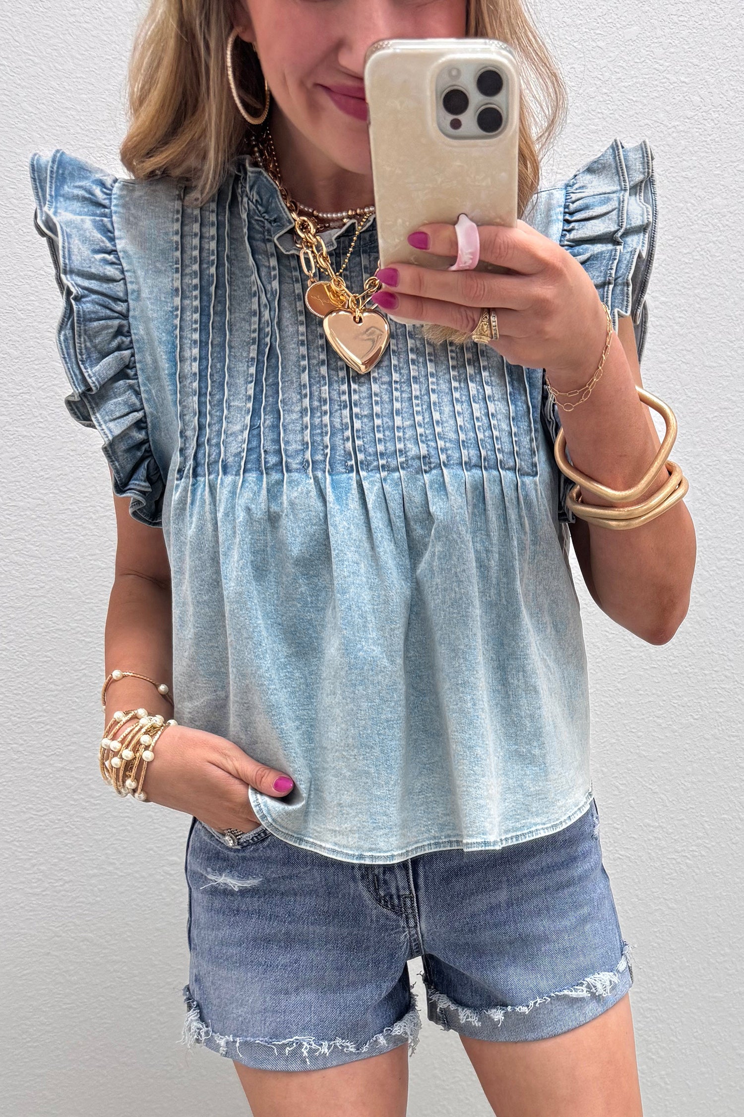 Beau Blue Ruffle Pleated Detail Vintage Washed Denim Top-Tops/Tops & Tees-[Adult]-[Female]-2022 Online Blue Zone Planet