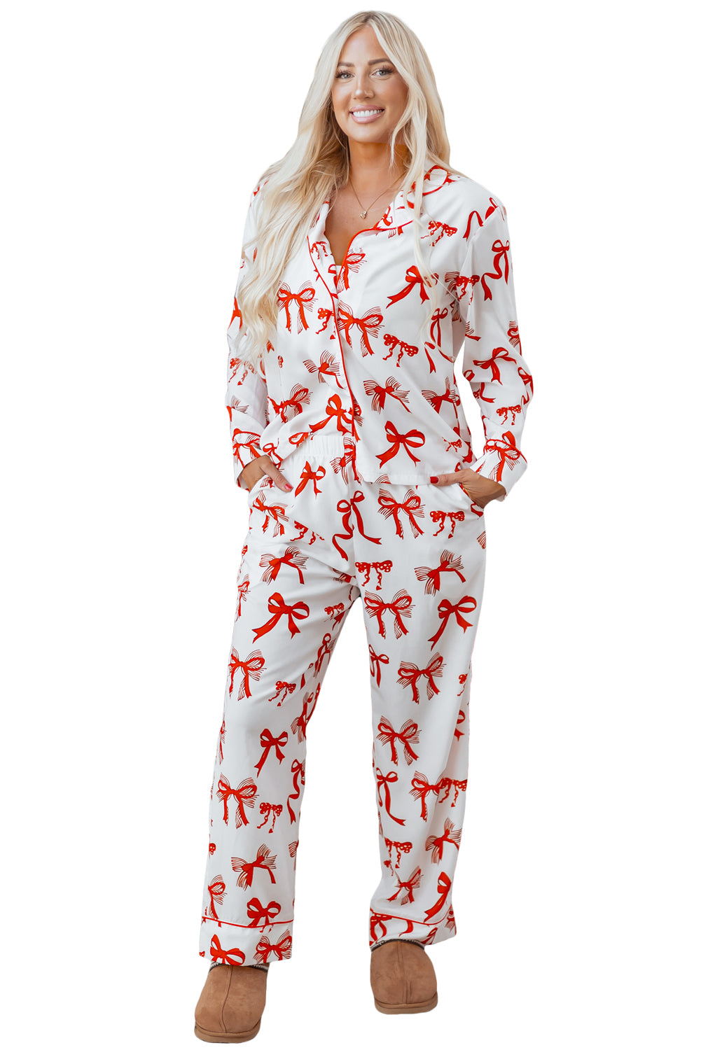 Red Christmas Bow Print Long 2pcs Pajama Set-Loungewear & Sleepwear/Sleepwear-[Adult]-[Female]-2022 Online Blue Zone Planet