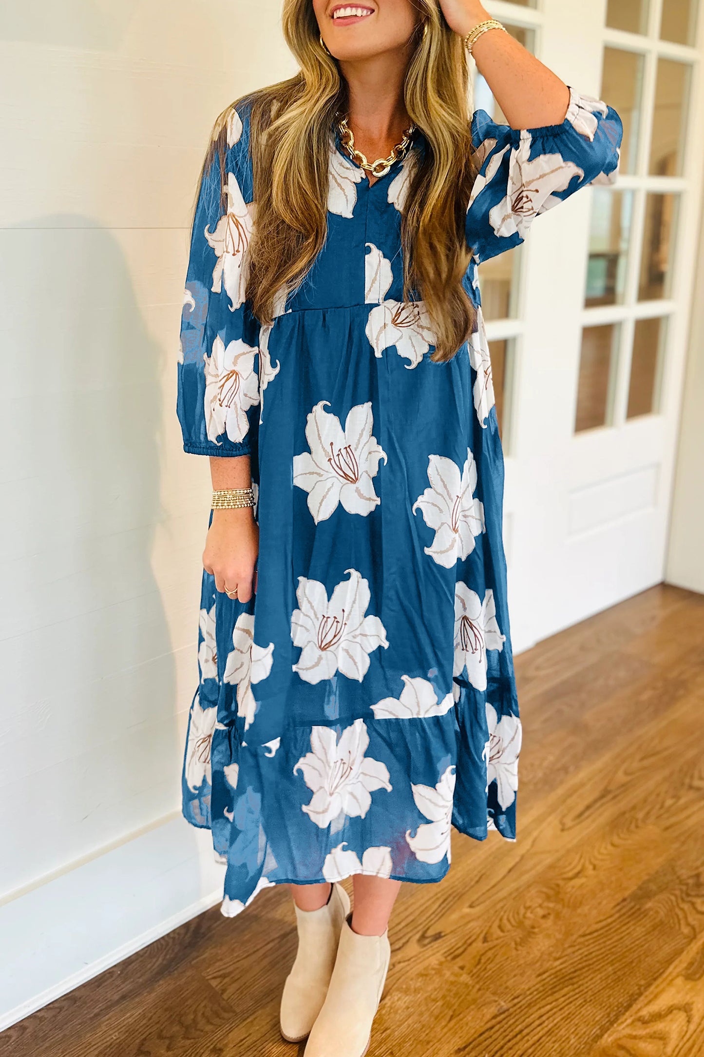 Blue Floral Print Shirt Collar V Neck 3/4 Sleeve Shift Midi Dress-TOPS / DRESSES-[Adult]-[Female]-2022 Online Blue Zone Planet