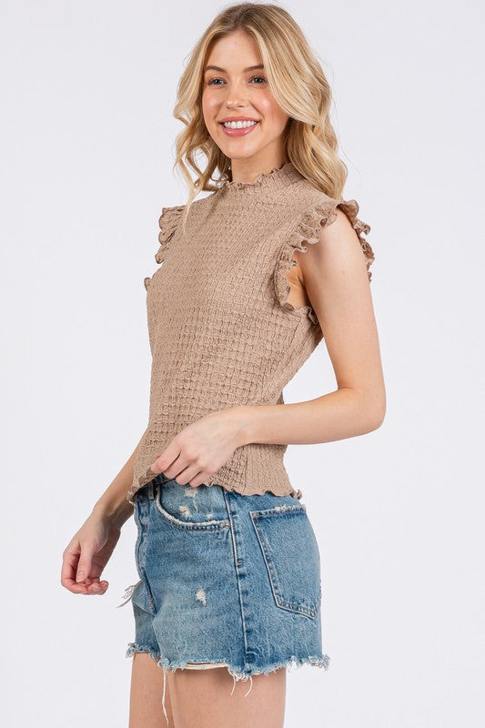 Ces Femme Texture Mock Neck Ruffle Cap Sleeve Blouse-TOPS / DRESSES-[Adult]-[Female]-2022 Online Blue Zone Planet