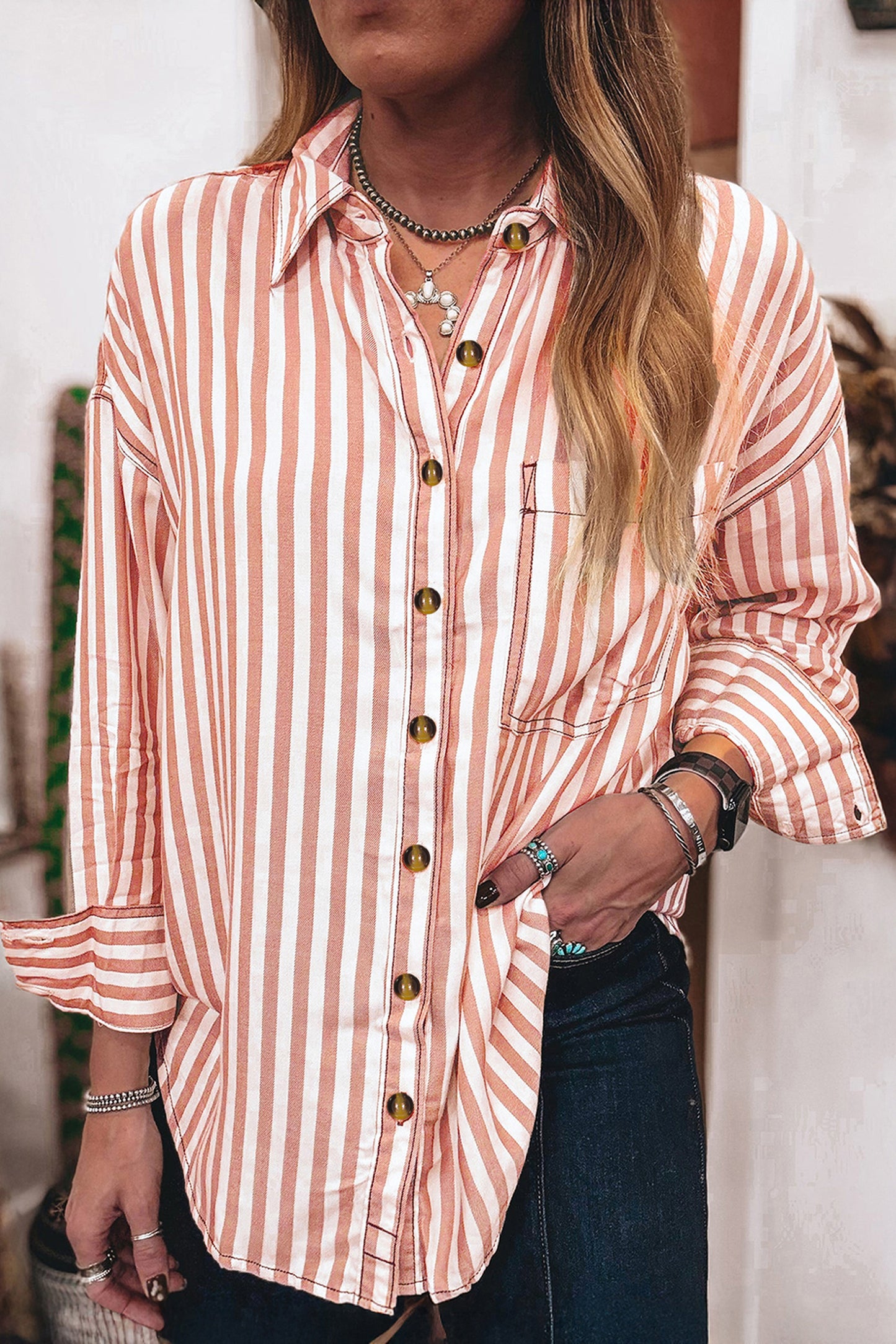 Brown Stripe Western Button Down Long Sleeve Casual Shirt-Tops/Blouses & Shirts-[Adult]-[Female]-2022 Online Blue Zone Planet