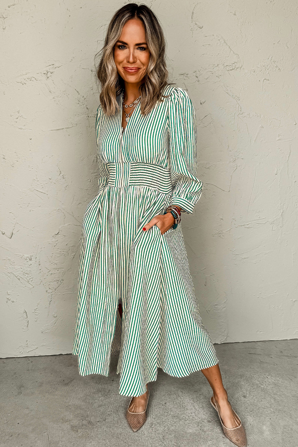 Green Stripe V Neck Zip Front Cinched High Waist Midi Dress-TOPS / DRESSES-[Adult]-[Female]-2022 Online Blue Zone Planet