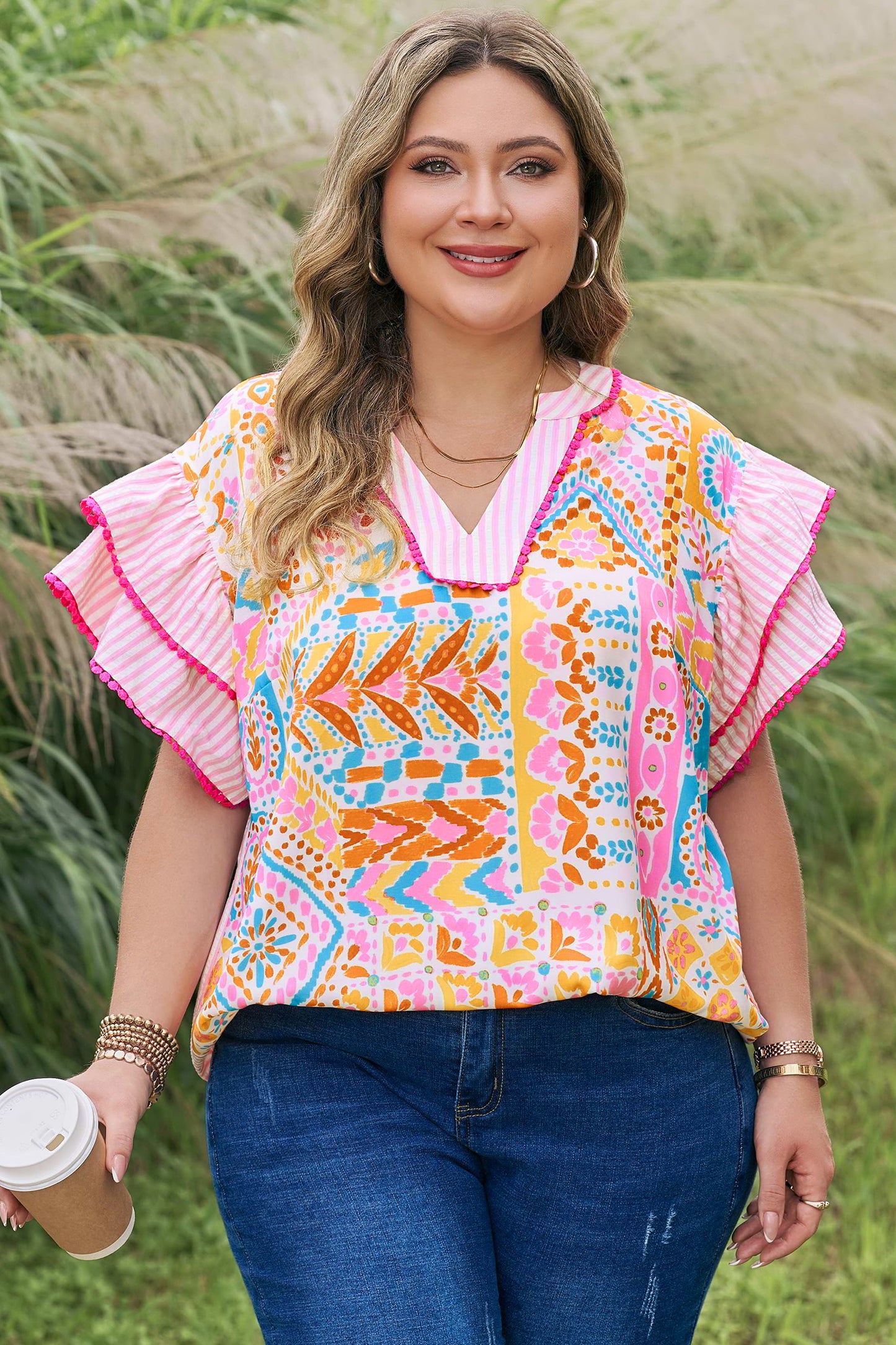 Rose Plus Size Geometric Print Contrast Trim Striped V Neck Blouse-Plus Size/Plus Size Tops/Plus Size Blouses & Shirts-[Adult]-[Female]-2022 Online Blue Zone Planet