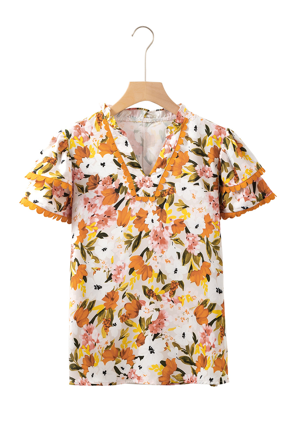 Russet Orange Ruffled V Neck Scalloped Short Sleeve Floral Blouse-Tops/Blouses & Shirts-[Adult]-[Female]-2022 Online Blue Zone Planet