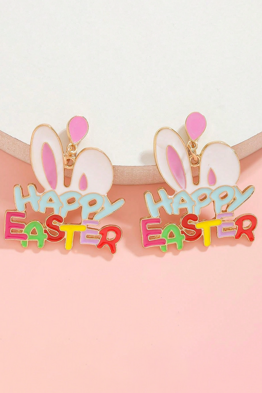 Pink Happy Easter Bunny Ear Pattern Stud Dangle Earrings-Accessories/Jewelry-[Adult]-[Female]-Pink-ONE SIZE-2022 Online Blue Zone Planet