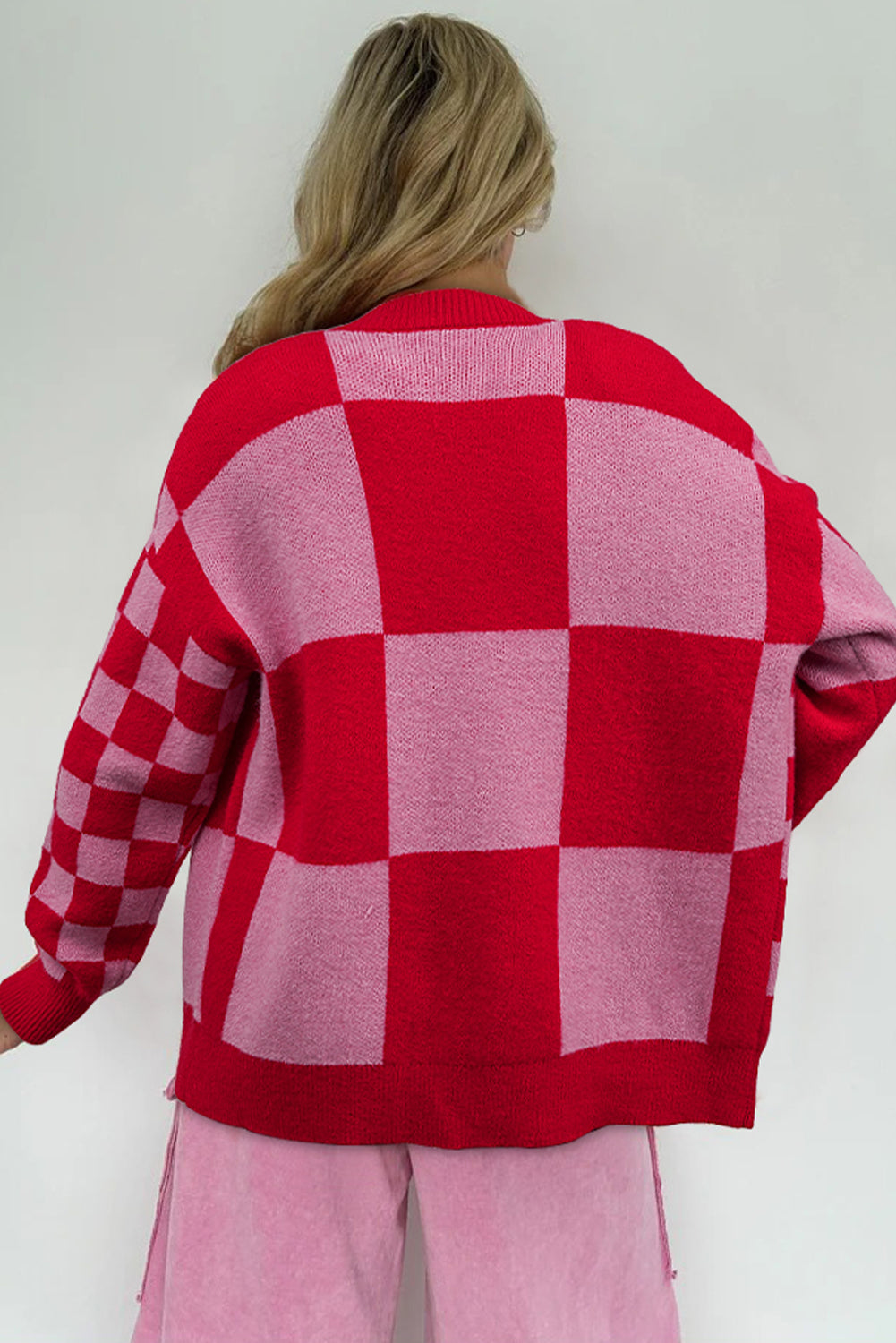 Fiery Red Mixed Plaid Relaxed Sweater Cardigan-Sweaters & Cardigans/Cardigans-[Adult]-[Female]-2022 Online Blue Zone Planet