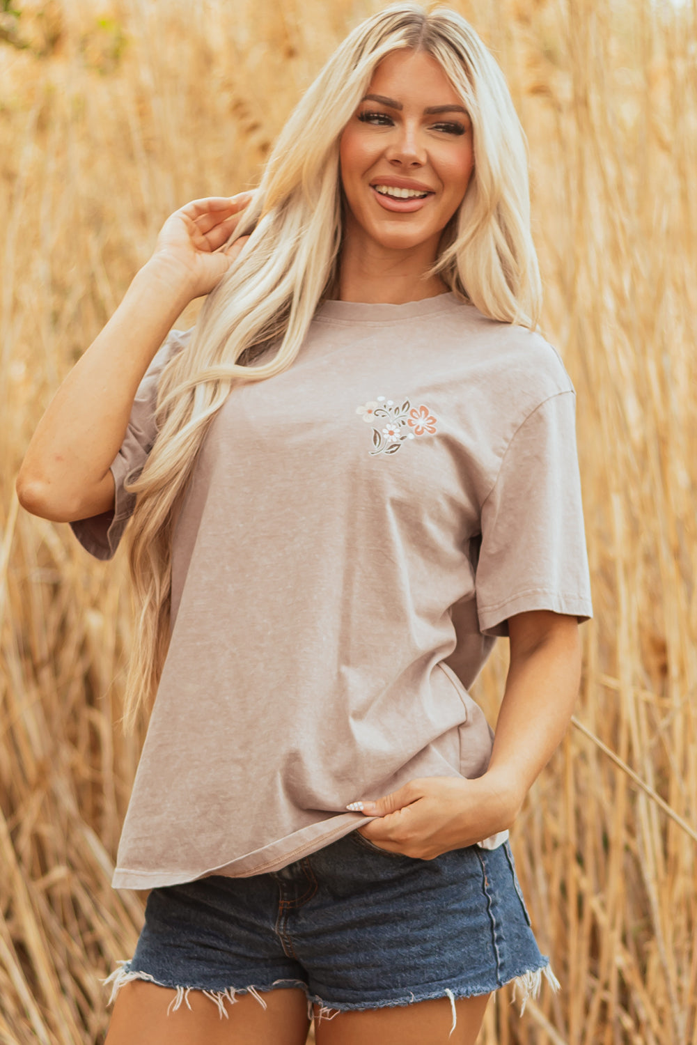 Smoke Gray Mineral Wash Floral Steer Head Printed Back Western Fashion Tee-Tops/Tops & Tees-[Adult]-[Female]-2022 Online Blue Zone Planet