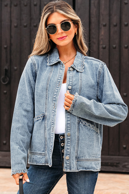 Myosotis Scallop Trim Collar Patched Pocket Button Up Denim Jacket-Outerwear/Denim jackets-[Adult]-[Female]-Myosotis-S-2022 Online Blue Zone Planet