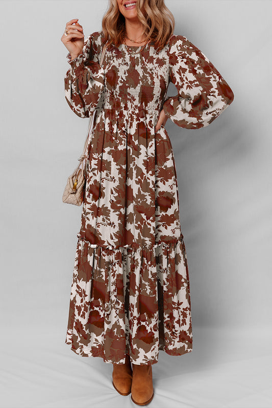 Chestnut Floral Puff Sleeve Smocked Bodice Ruffled Long Dress-Dresses/Maxi Dresses-[Adult]-[Female]-Chestnut-S-2022 Online Blue Zone Planet