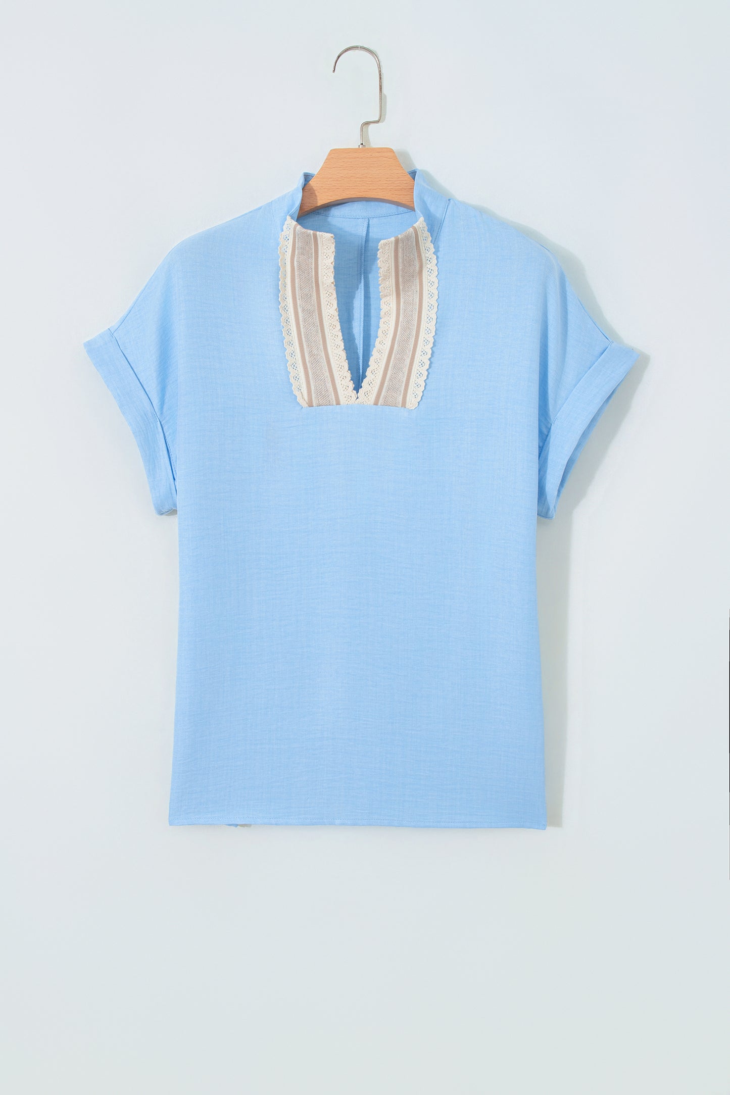 Beau Blue Crochet Lace Accent Pullover Rolled Short Sleeve Blouse-Tops/Blouses & Shirts-[Adult]-[Female]-2022 Online Blue Zone Planet