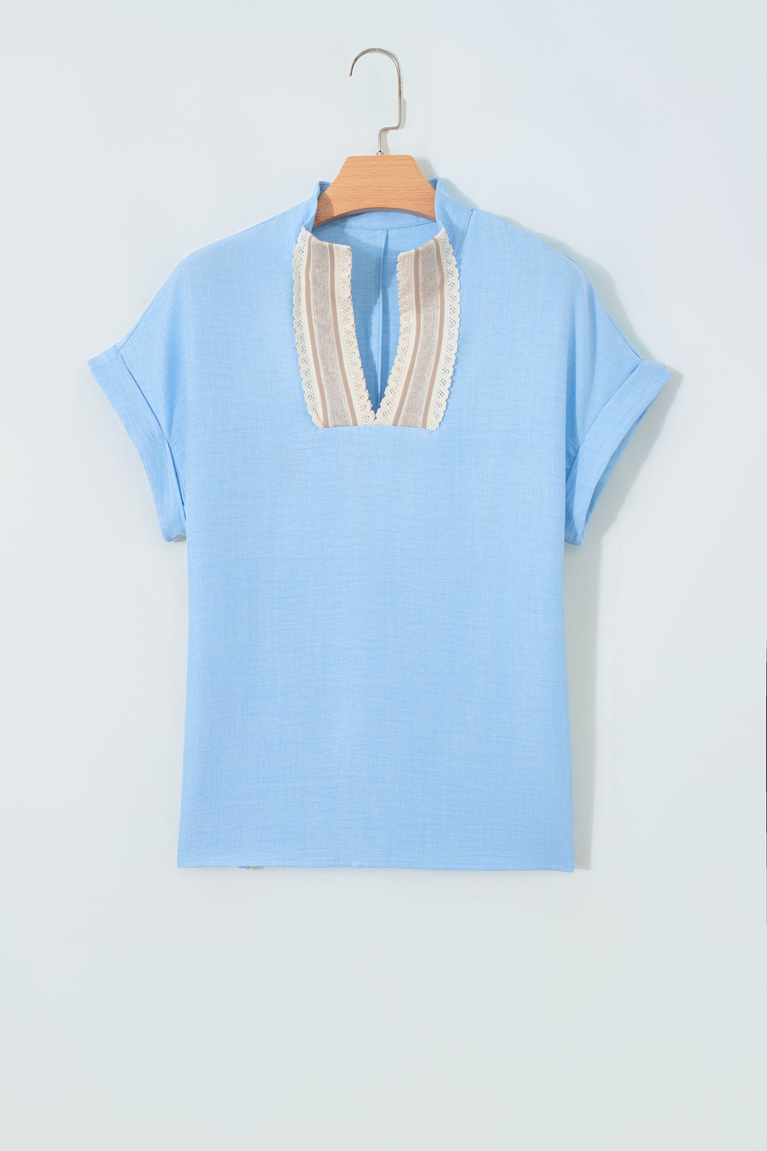 Beau Blue Crochet Lace Accent Pullover Rolled Short Sleeve Blouse-Tops/Blouses & Shirts-[Adult]-[Female]-2022 Online Blue Zone Planet