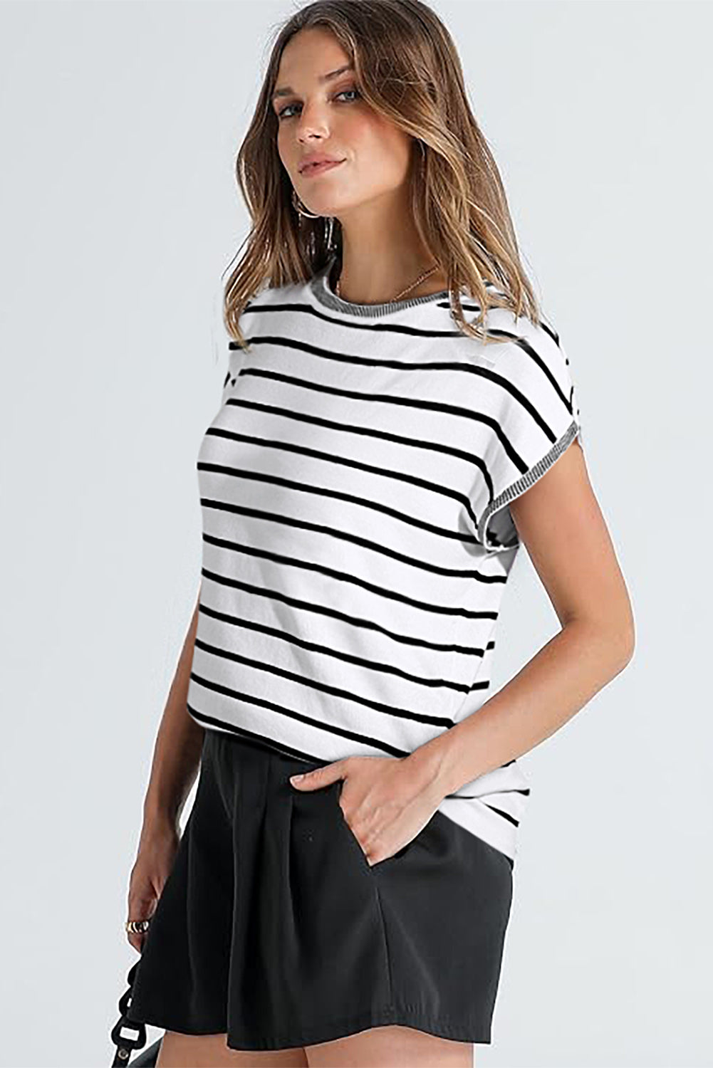 White Stripe Knitted Bat Sleeve T Shirt-Sweaters & Cardigans/Short Sleeve Sweaters-[Adult]-[Female]-2022 Online Blue Zone Planet