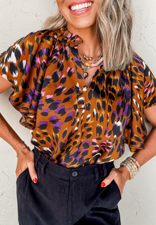 Leopard Notched Short Sleeve Blouse-TOPS / DRESSES-[Adult]-[Female]-Leopard-S-2022 Online Blue Zone Planet