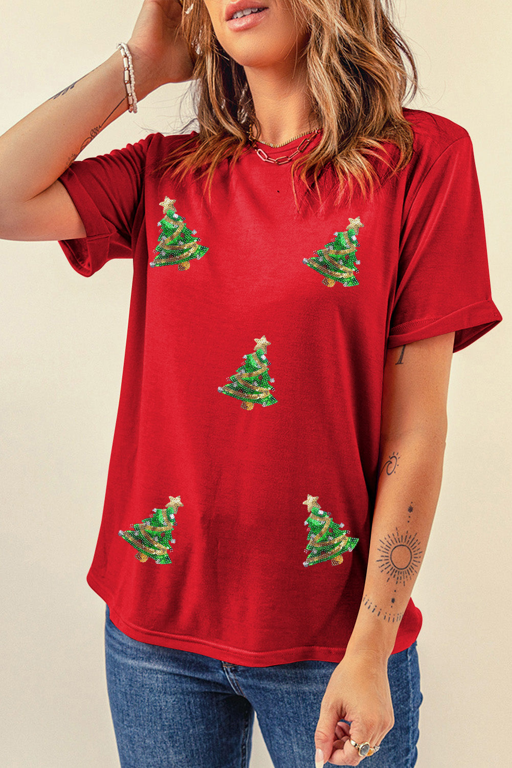 Red Sequined Christmas Tree Graphic Crewneck T Shirt-Graphic/Graphic Tees-[Adult]-[Female]-2022 Online Blue Zone Planet