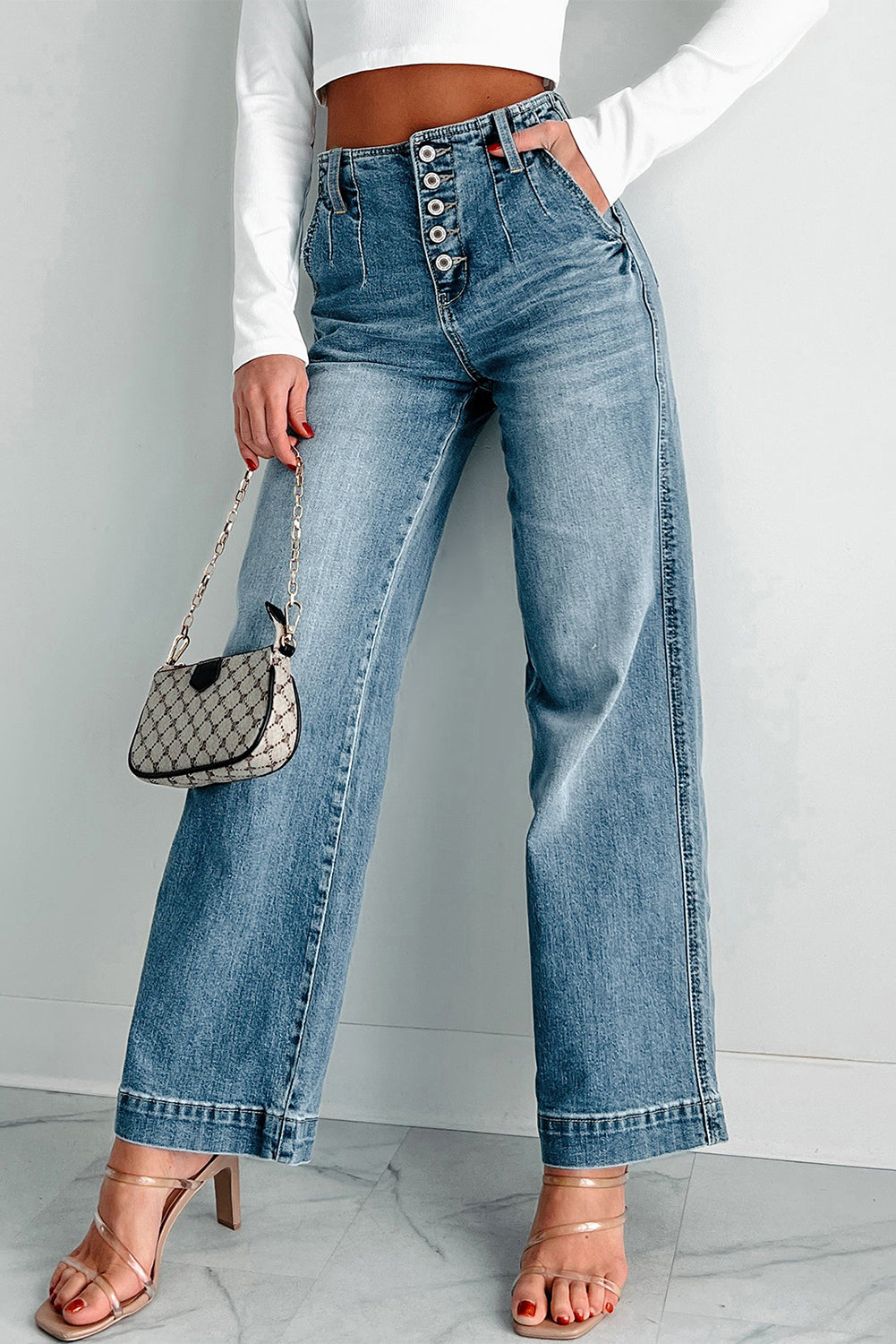 Dusk Blue Multi Buttons Medium Wash Straight Loose Leg Jeans-Bottoms/Jeans-[Adult]-[Female]-Dusk Blue-6-2022 Online Blue Zone Planet
