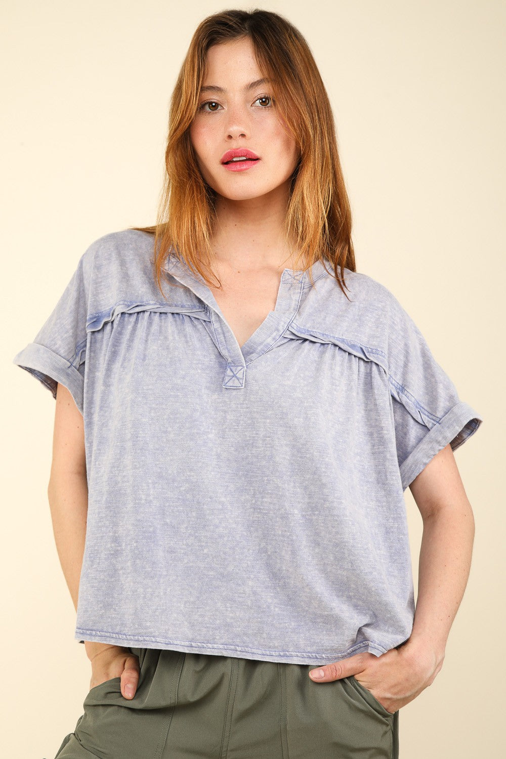 VERY J Nochted Short Sleeve Washed T-Shirt-TOPS / DRESSES-[Adult]-[Female]-Denim-S-2022 Online Blue Zone Planet