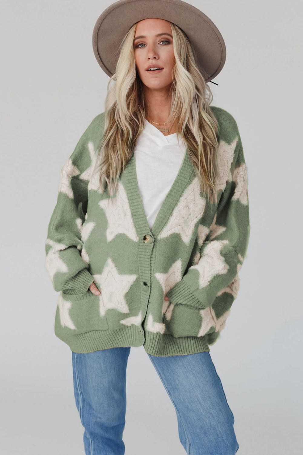 Green Sherpa Star Pattern Textured Sweater Cardigan with Pockets-Sweaters & Cardigans/Cardigans-[Adult]-[Female]-2022 Online Blue Zone Planet