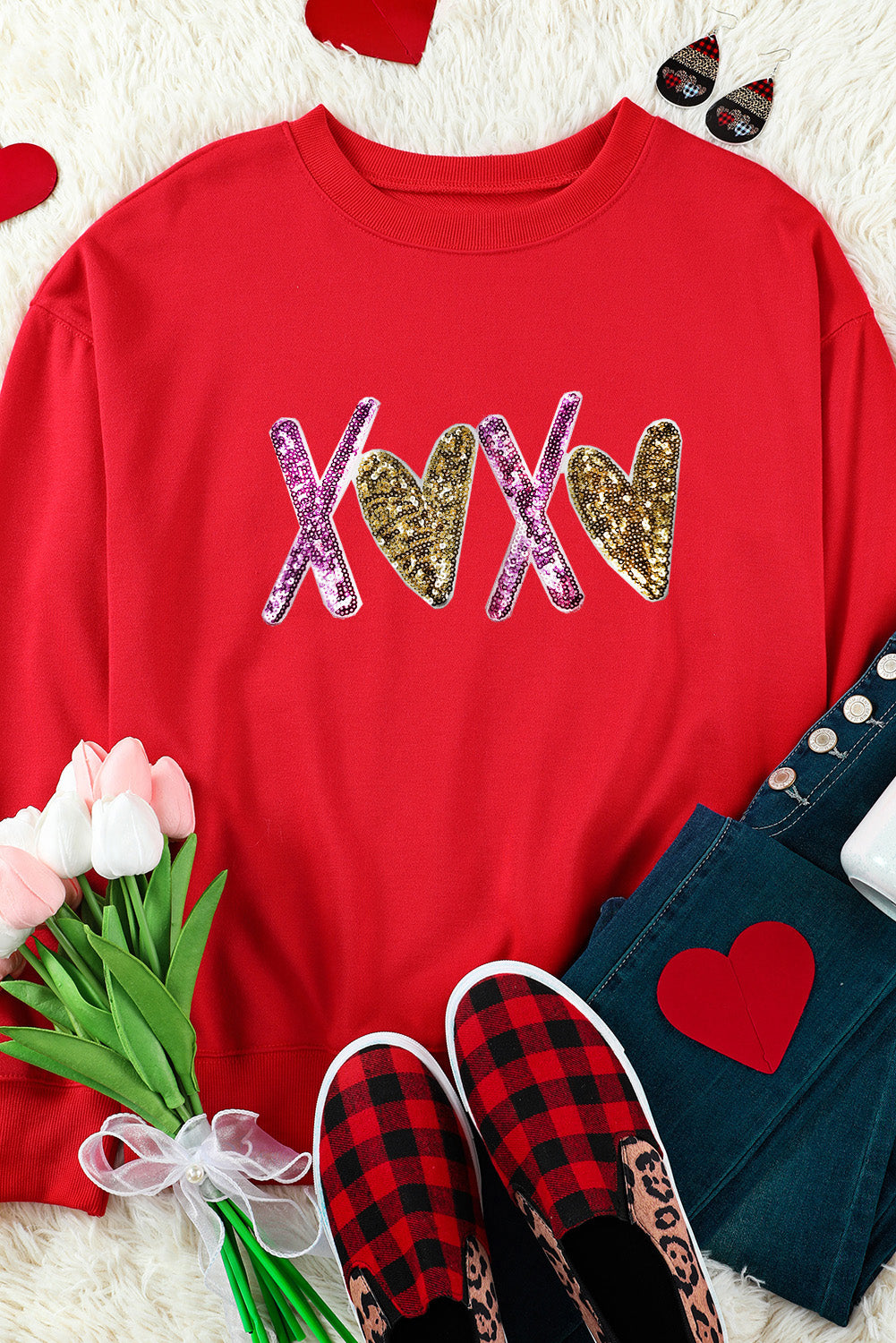 Red Heart XOXO Graphic Crewneck Valentines Pullover Sweatshirt-Graphic Sweatshirts-[Adult]-[Female]-2022 Online Blue Zone Planet