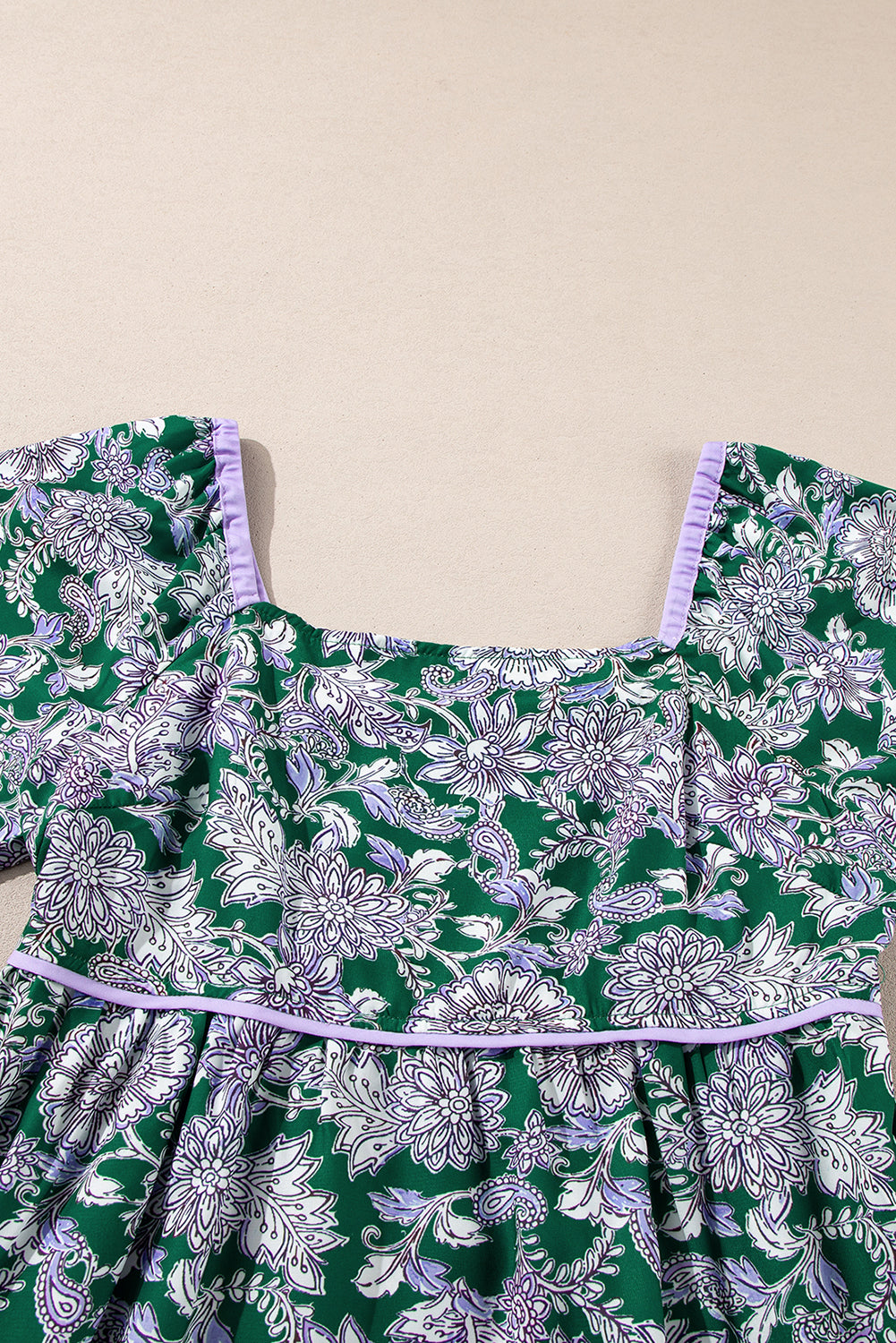 Blue Zone Planet | Green Floral Print Piping Trim Bubble Sleeve Square Neck Dress-TOPS / DRESSES-[Adult]-[Female]-2022 Online Blue Zone Planet