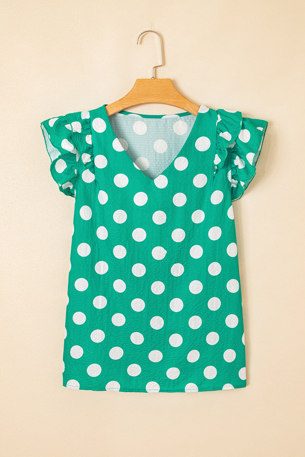 Green Polka Dot Print Ruffled Sleeve V Neck Blouse-Tops/Blouses & Shirts-[Adult]-[Female]-2022 Online Blue Zone Planet