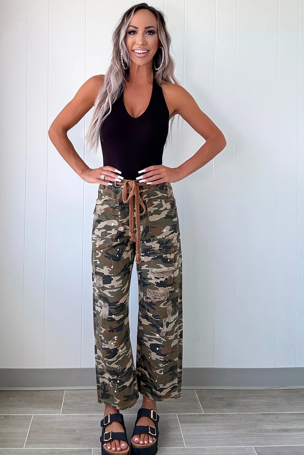 Green Camouflage Print Splashed Distressed Loose Denim Pants-Bottoms/Pants & Culotte-[Adult]-[Female]-2022 Online Blue Zone Planet