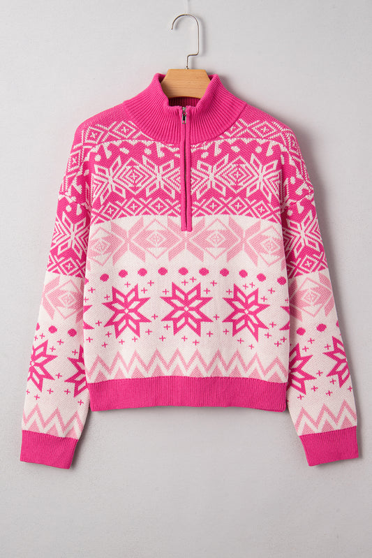 Rose Red Christmas Snowflake Quarter Zip Collard Sweater-Sweaters & Cardigans/Sweaters-[Adult]-[Female]-2022 Online Blue Zone Planet
