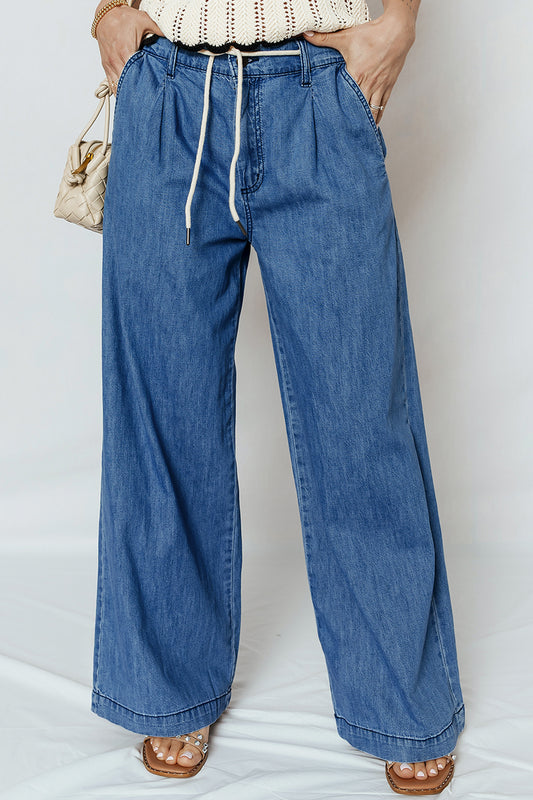 Dusk Blue Lace-up Pull on Wide Leg Jeans-Bottoms/Jeans-[Adult]-[Female]-Dusk Blue-4-2022 Online Blue Zone Planet