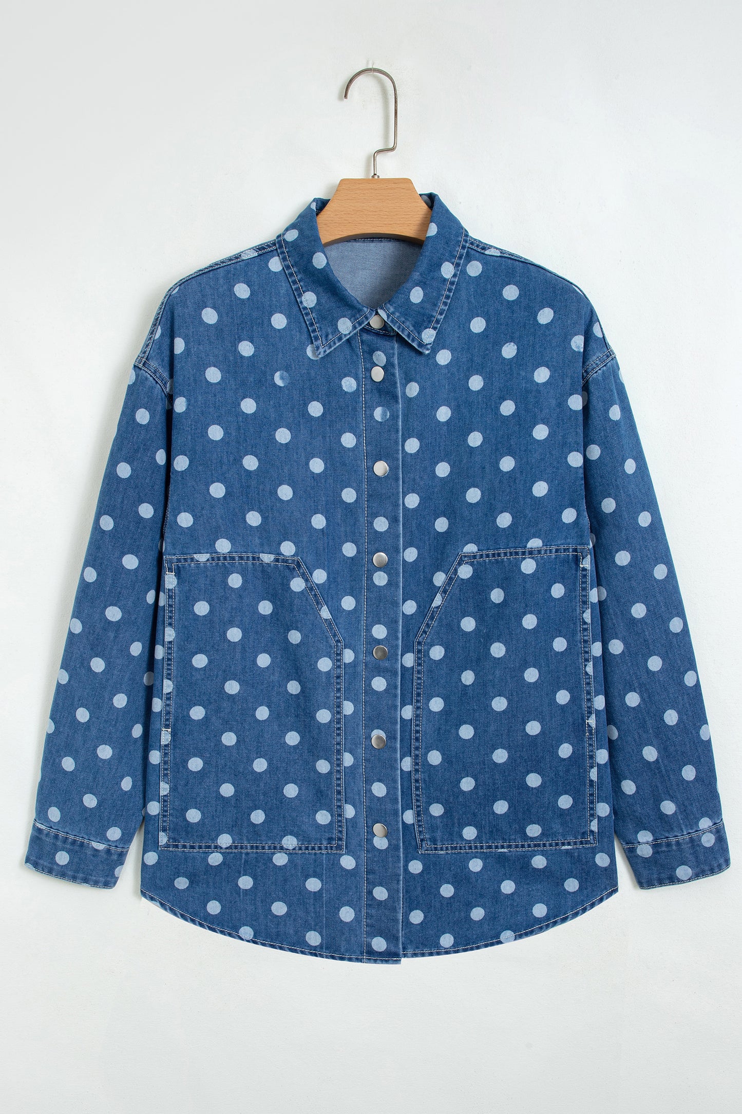 Blue Polka Dot Long Sleeve Collar Shift Tunic Denim Jacket-Outerwear/Denim jackets-[Adult]-[Female]-2022 Online Blue Zone Planet