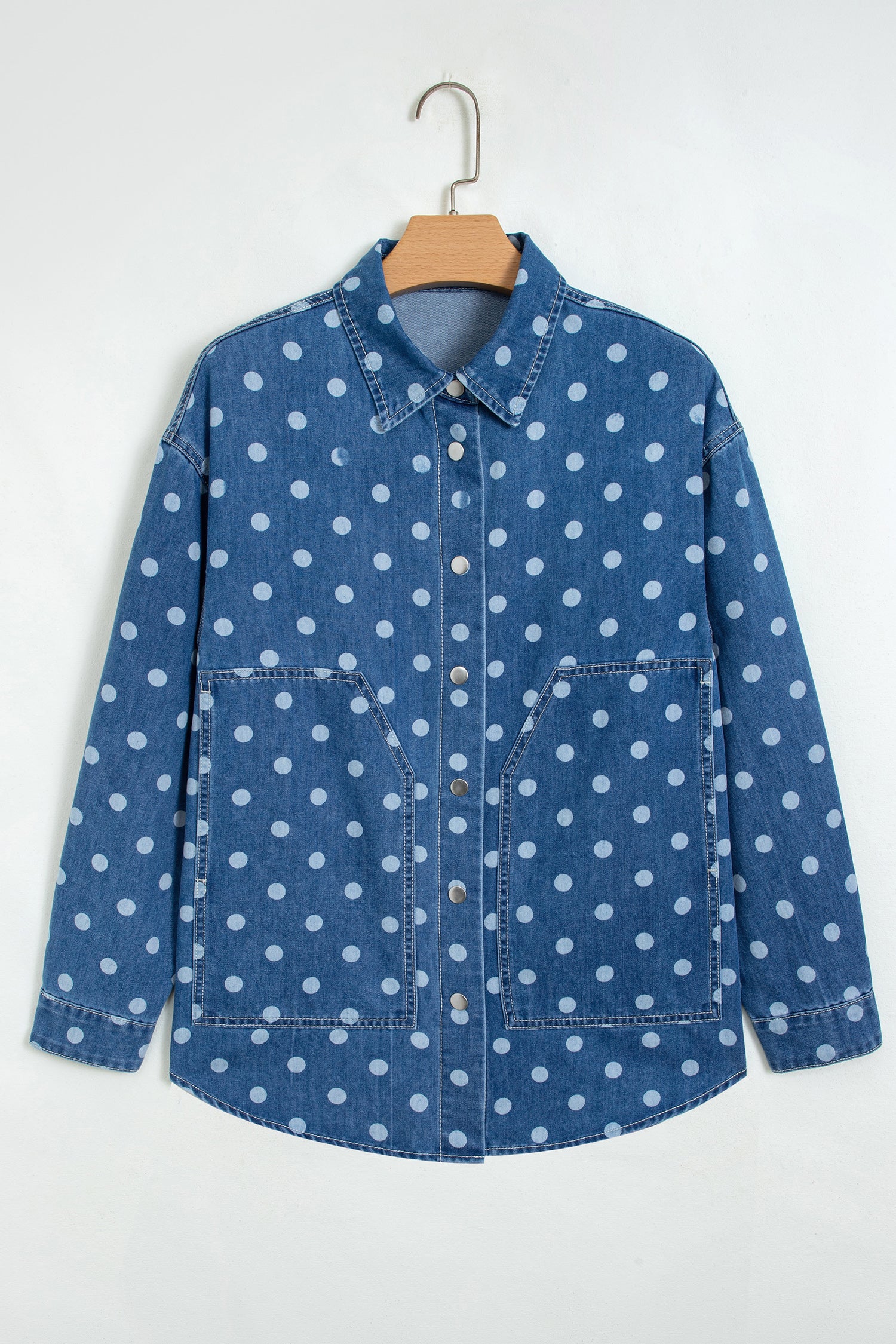 Blue Polka Dot Long Sleeve Collar Shift Tunic Denim Jacket-Outerwear/Denim jackets-[Adult]-[Female]-2022 Online Blue Zone Planet