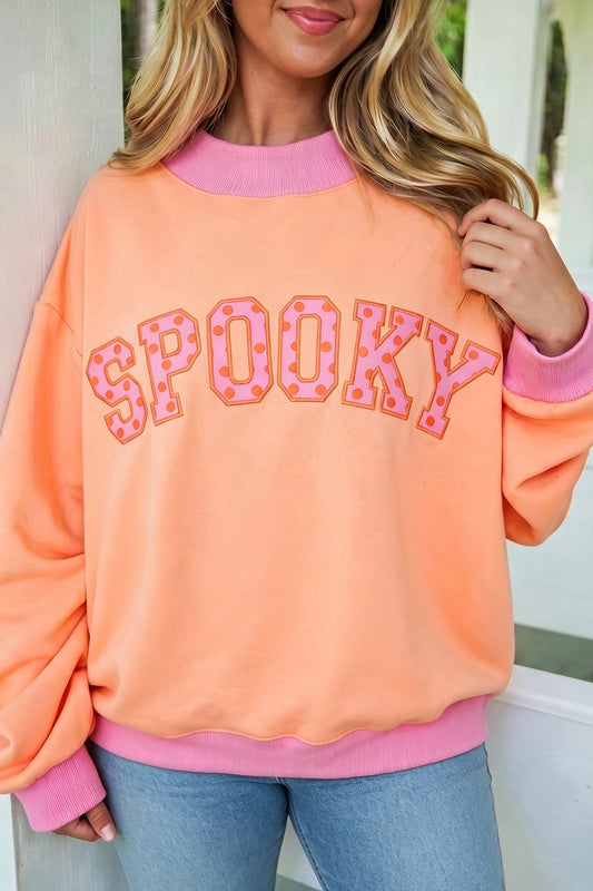 Grapefruit Orange Contrast Polka Dot Slogan Graphic Color Block Mock Neck Plus Sweatshirt-Plus Size/Plus Size Sweatshirts & Hoodies-[Adult]-[Female]-Grapefruit Orange-1X-2022 Online Blue Zone Planet