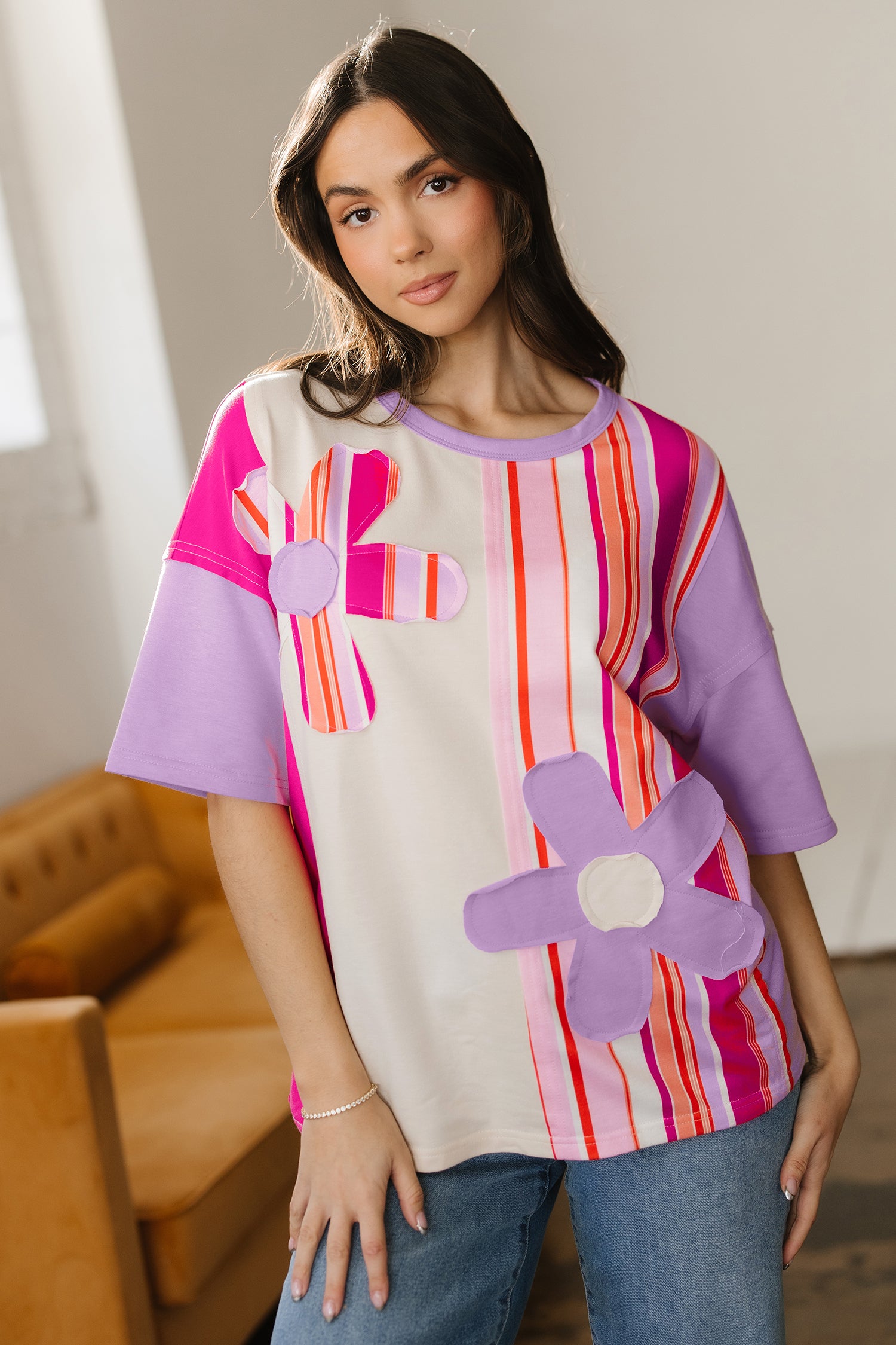 Pink Striped Color Block Flower Patched Half Sleeve Loose Top-Tops/Tops & Tees-[Adult]-[Female]-2022 Online Blue Zone Planet