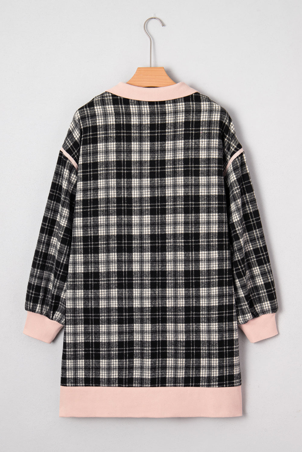 Black Plaid Polo Collar Zip up Contrast Trim Shift Long Sleeve Mini Dress-TOPS / DRESSES-[Adult]-[Female]-2022 Online Blue Zone Planet