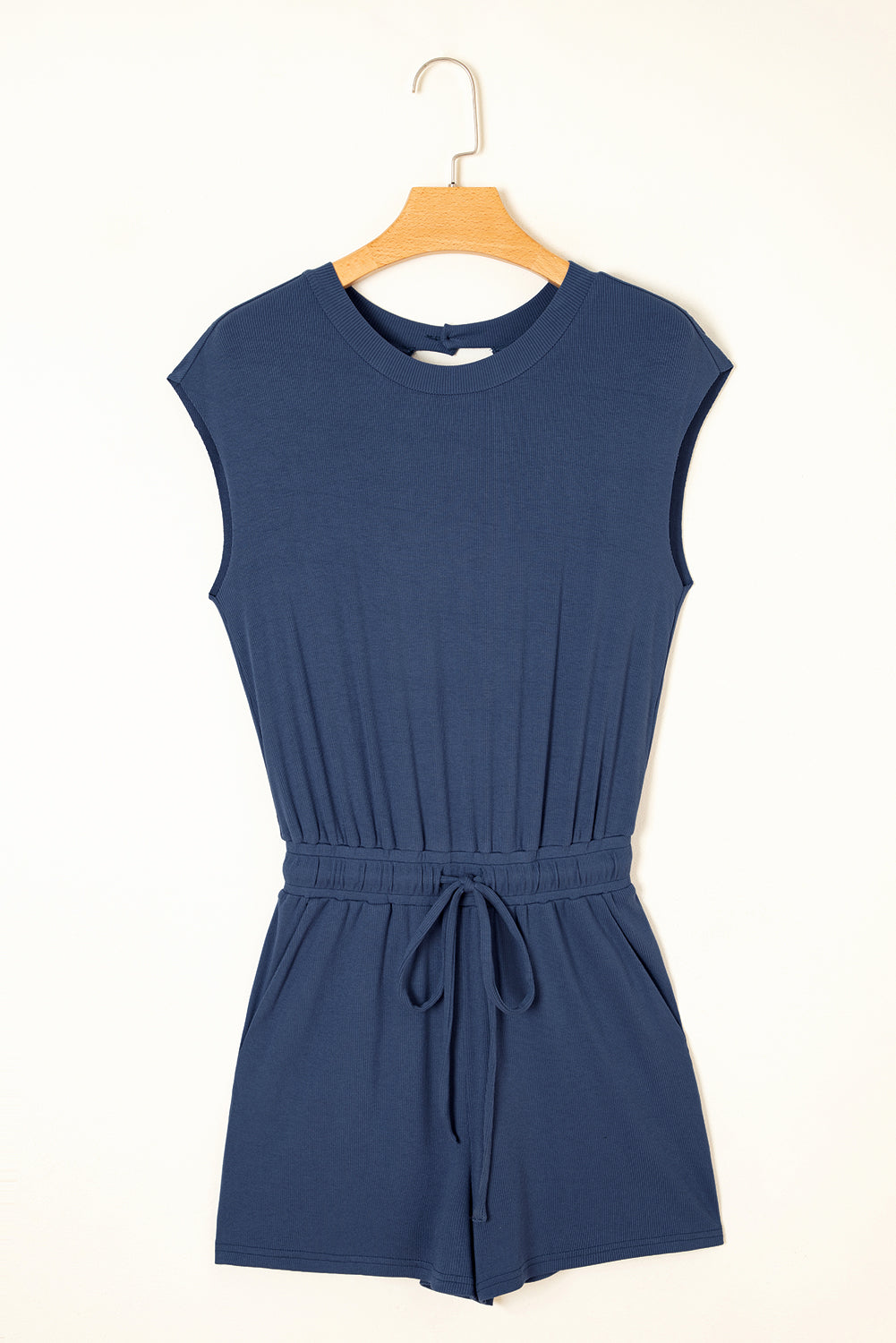 Ashleigh Blue Knit Open Back Cap Sleeve Drawstring Romper-Bottoms/Jumpsuits & Rompers-[Adult]-[Female]-2022 Online Blue Zone Planet